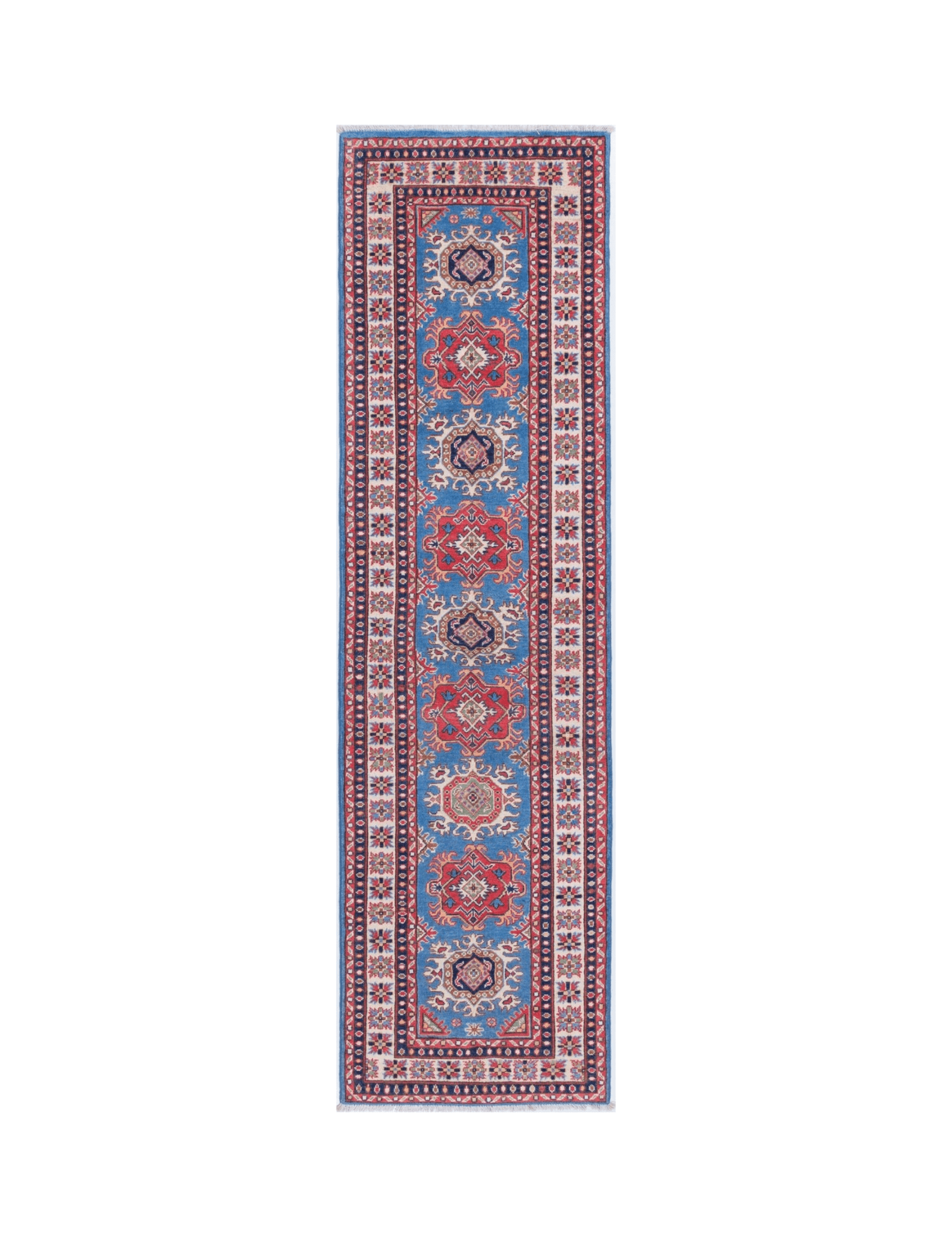 Full front view of blue & red Kazak-inspired wool runner 29653.