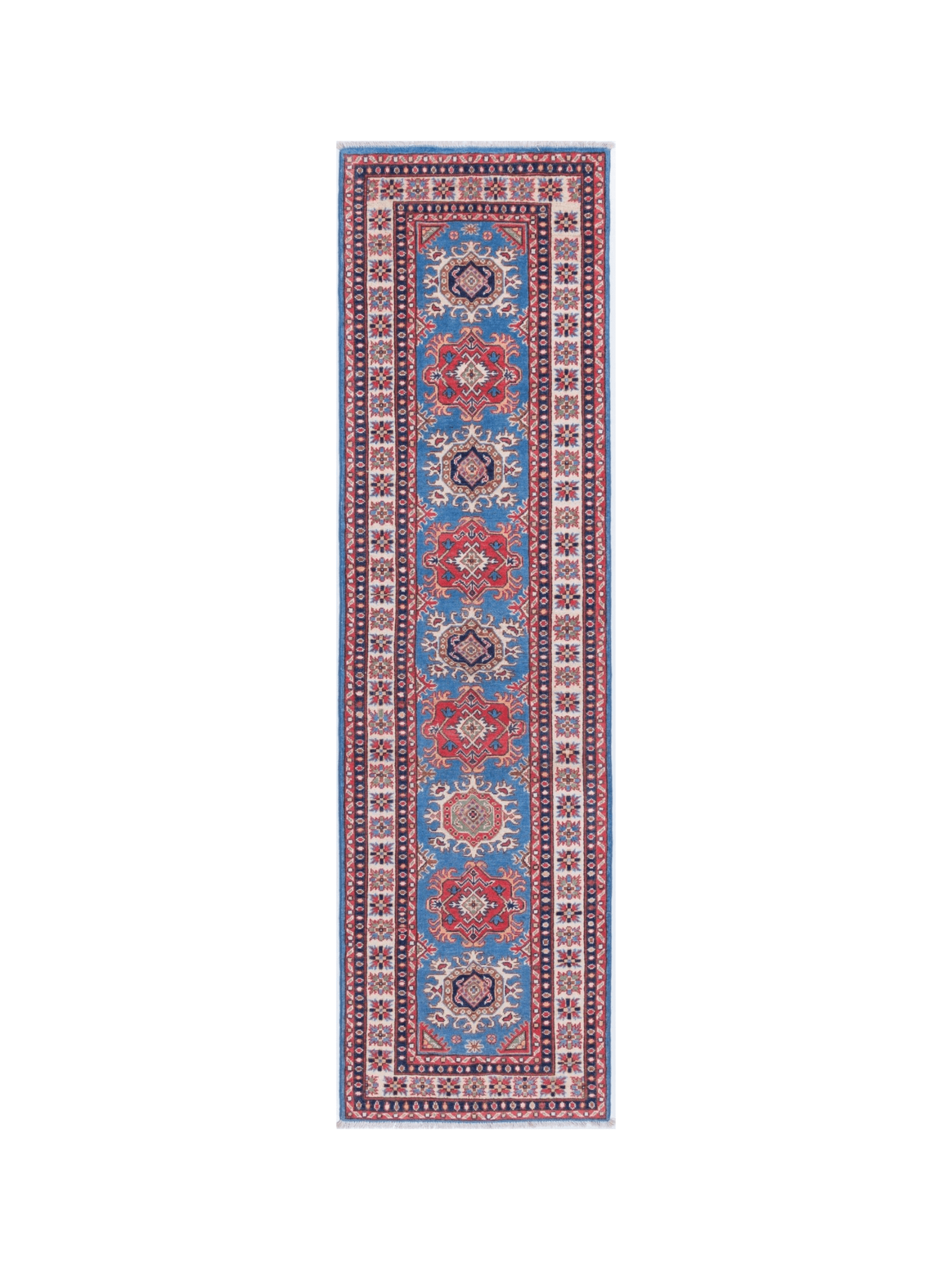 Full front view of blue & red Kazak-inspired wool runner 29653.
