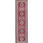 Full front view of red & blue Kazak-inspired wool runner 29654.