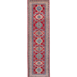 Full front view of red & blue Kazak-inspired wool runner 29654.