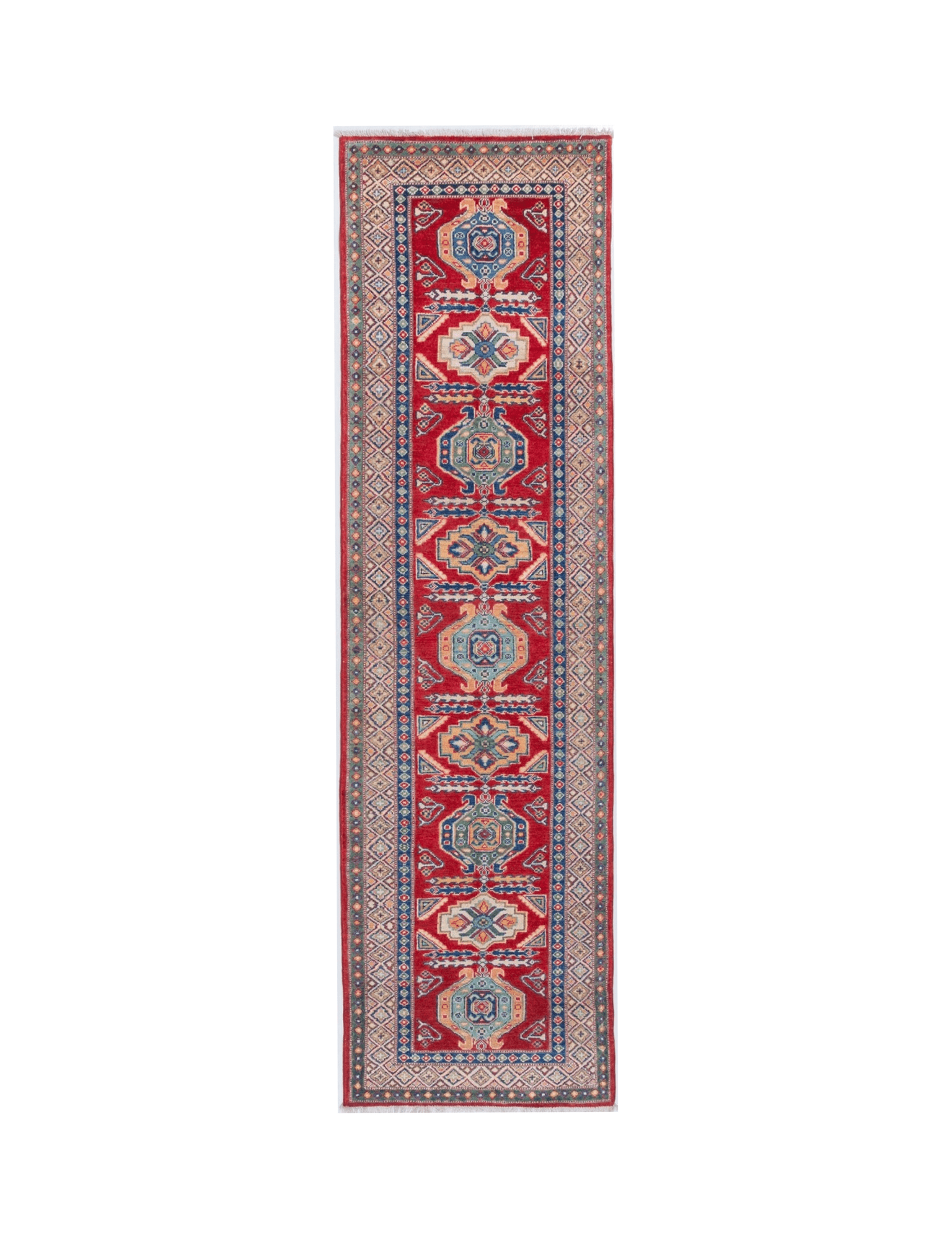 Full front view of red & blue Kazak-inspired wool runner 29654.