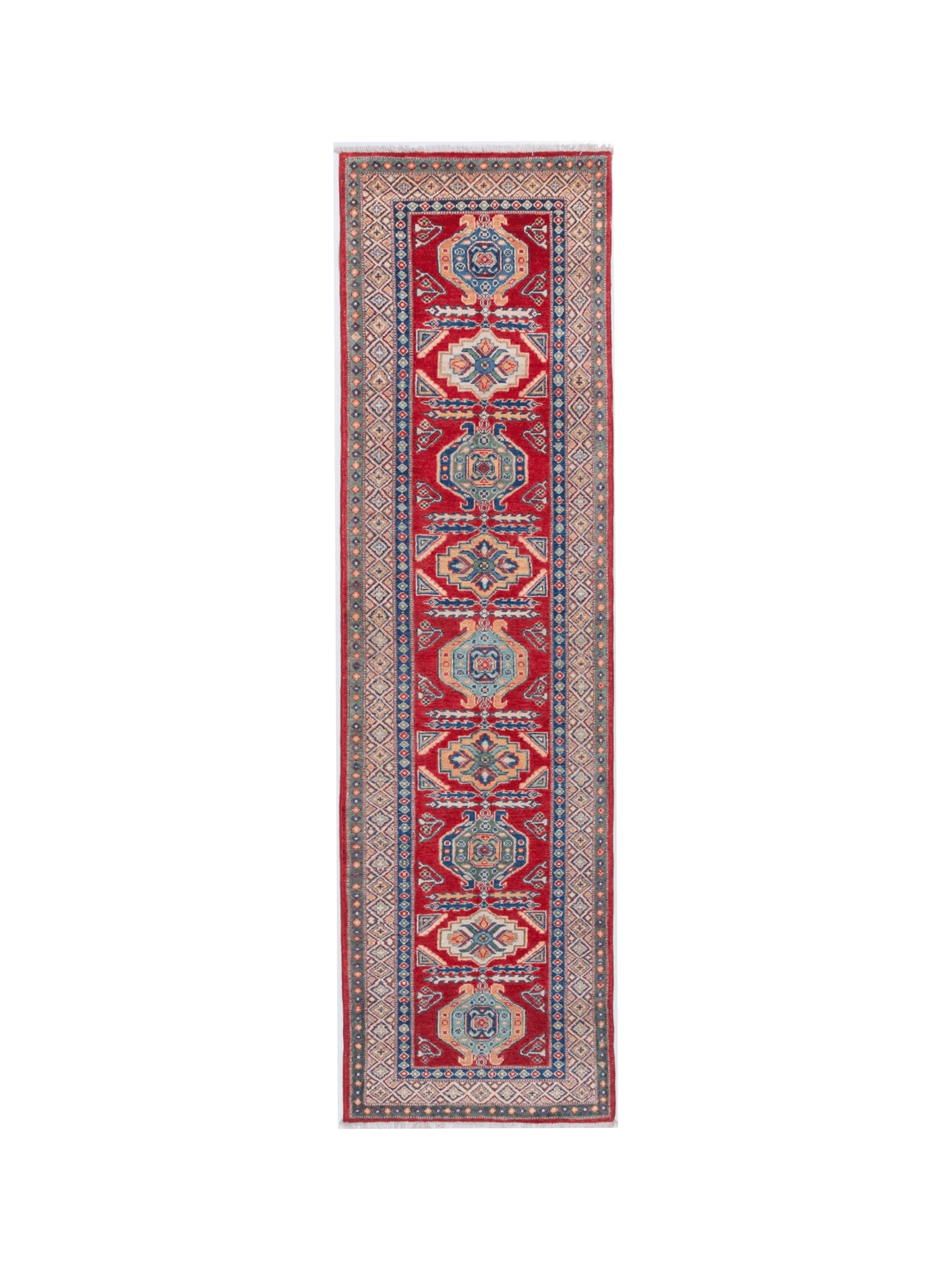 Full front view of red & blue Kazak-inspired wool runner 29654.