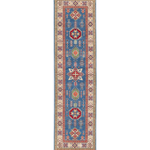Full front view of blue & ivory Kazak-inspired wool runner 29655.