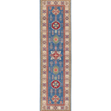 Full front view of blue & ivory Kazak-inspired wool runner 29655.