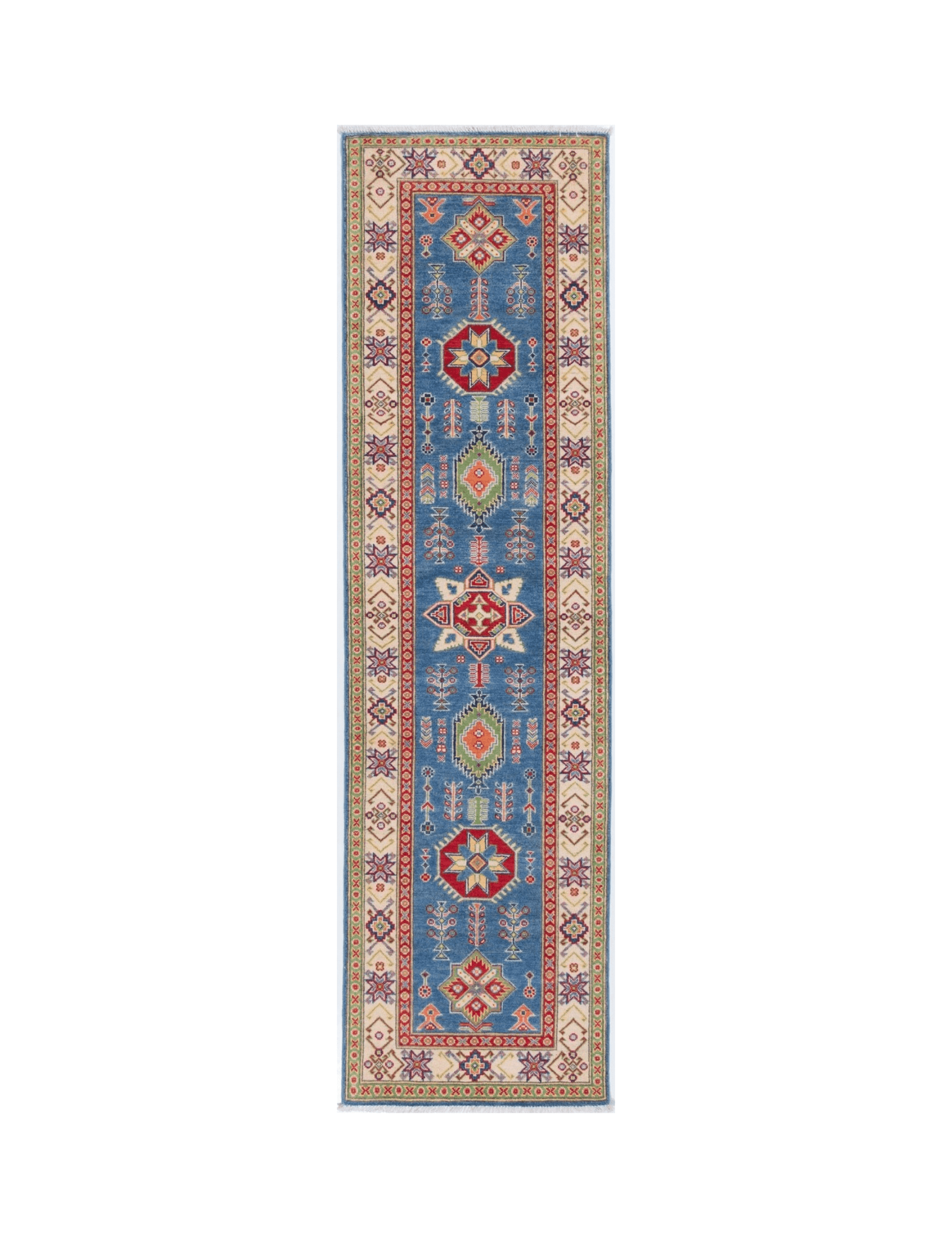 Full front view of blue & ivory Kazak-inspired wool runner 29655.