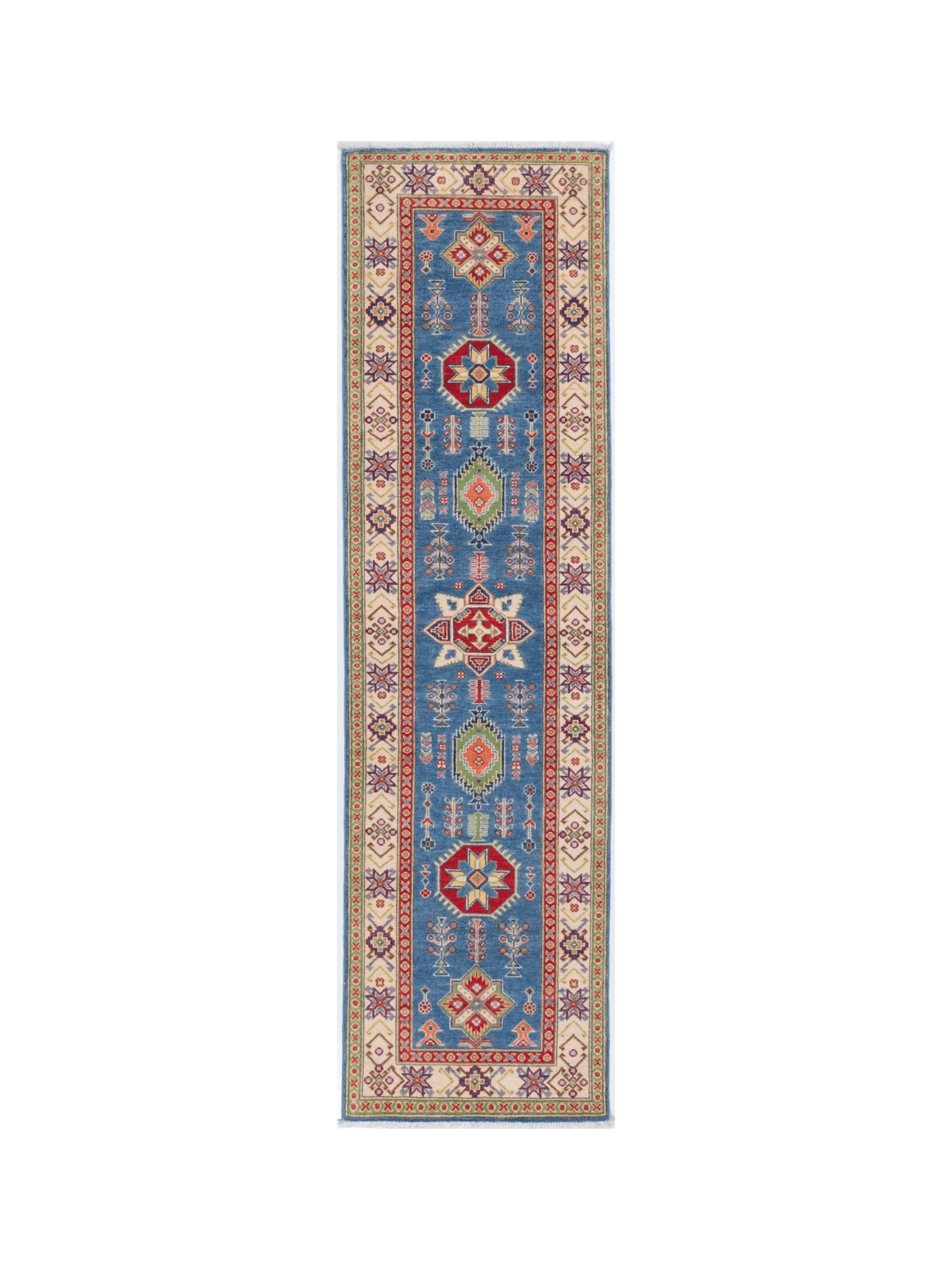 Full front view of blue & ivory Kazak-inspired wool runner 29655.