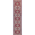 Full front view of blue & red Kazak-inspired wool runner 29656.