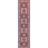 Full front view of blue & red Kazak-inspired wool runner 29656.