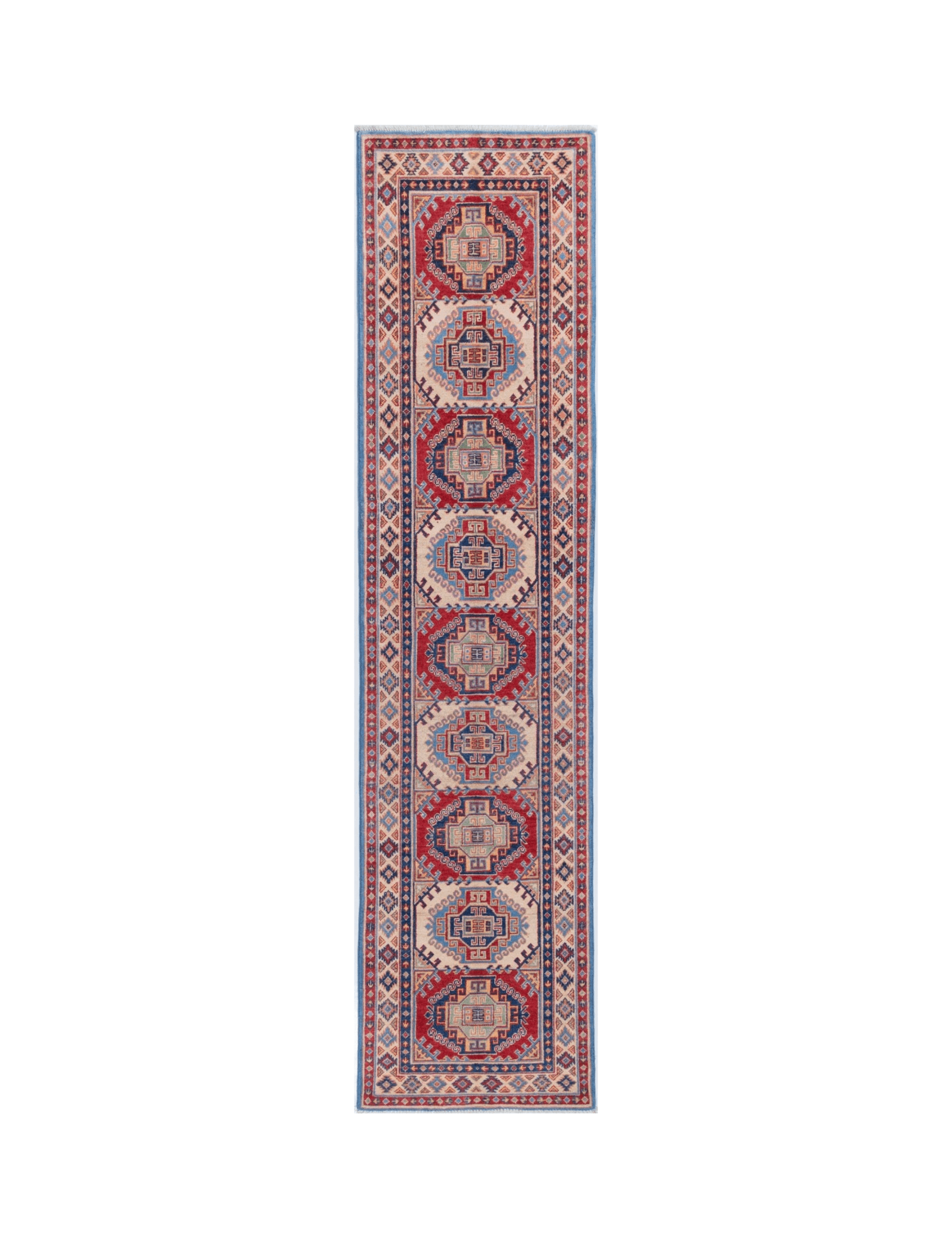 Full front view of blue & red Kazak-inspired wool runner 29656.