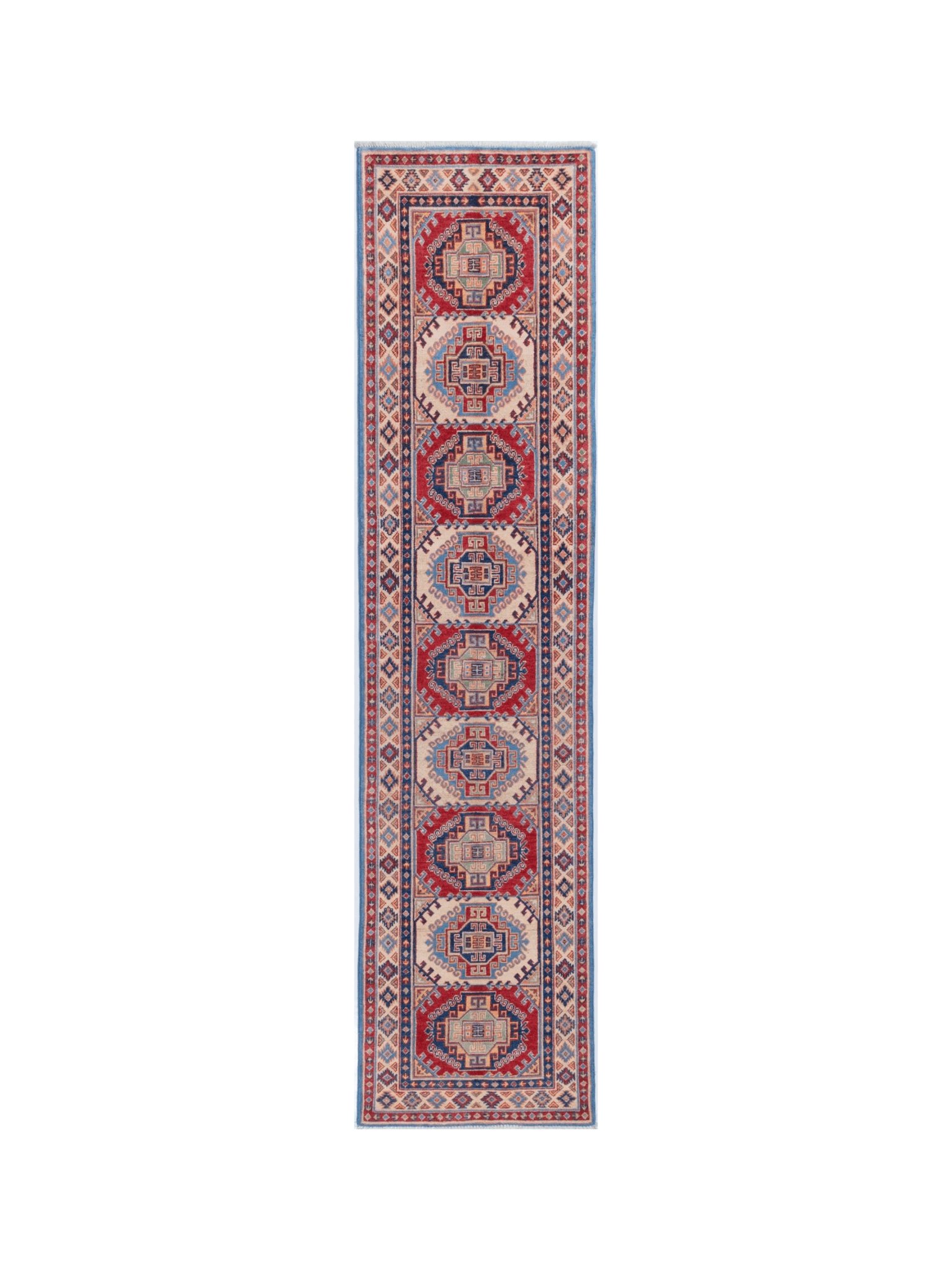 Full front view of blue & red Kazak-inspired wool runner 29656.