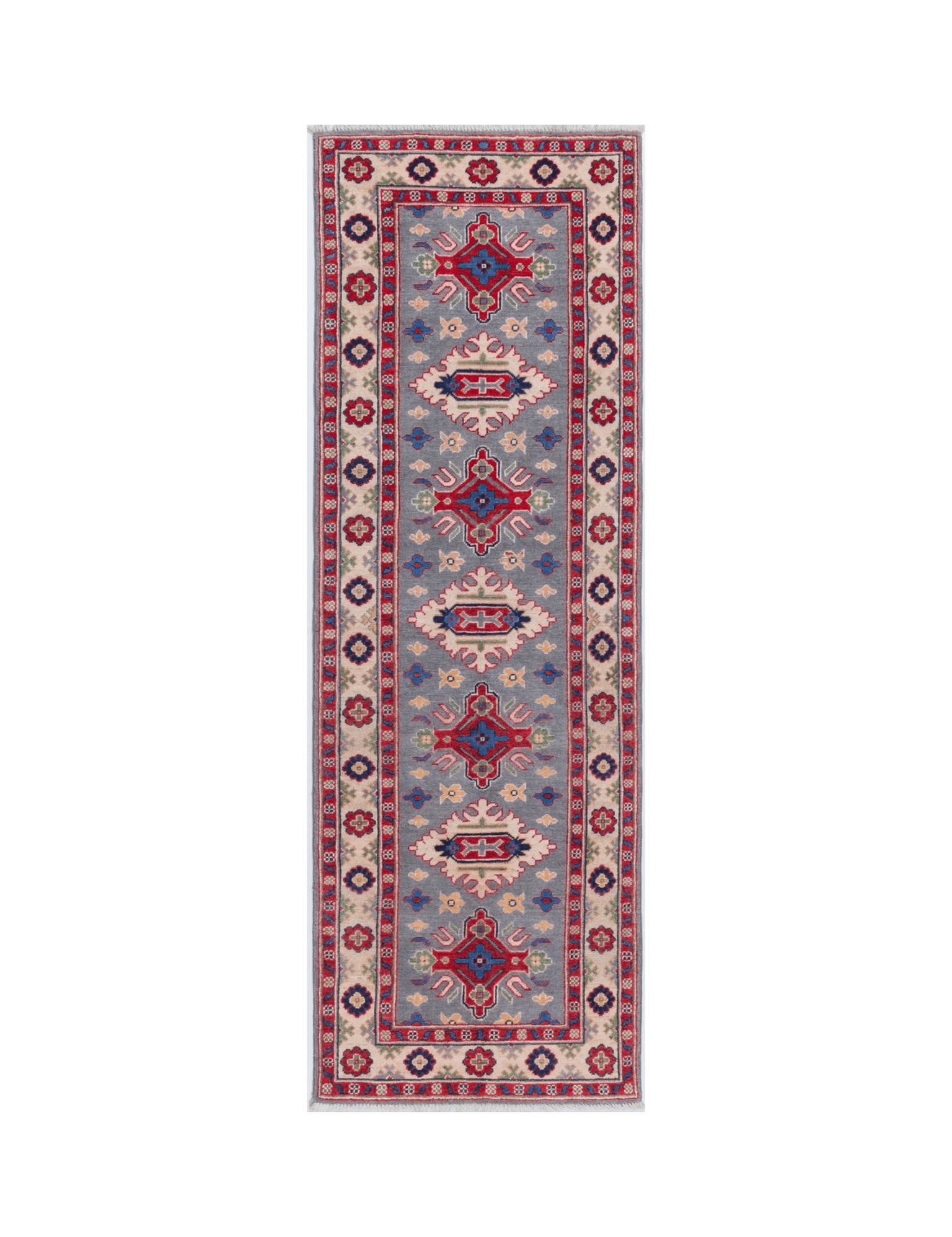 Full front view of blue & ivory Kazak-inspired wool runner 29657.