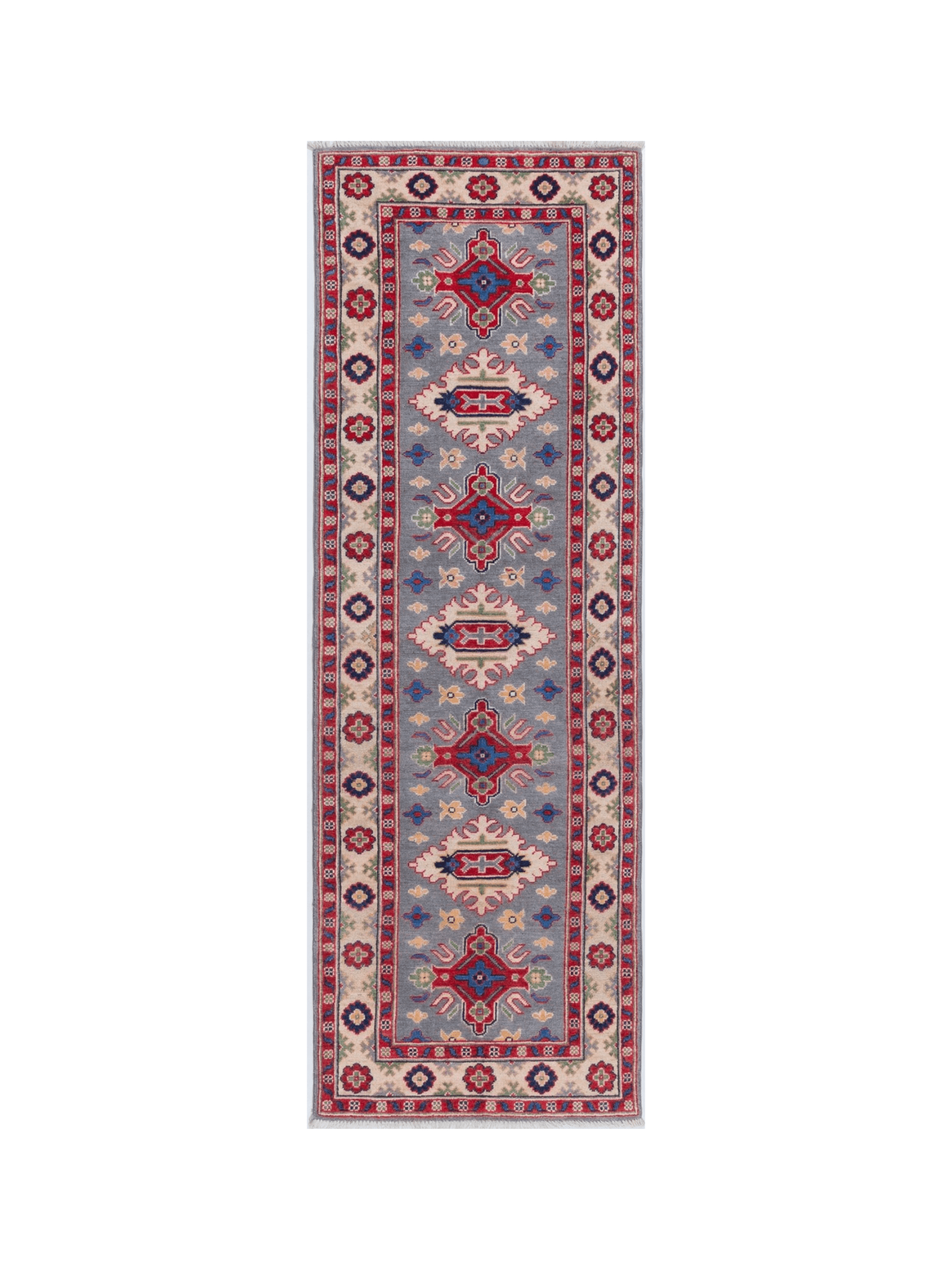 Full front view of blue & ivory Kazak-inspired wool runner 29657.