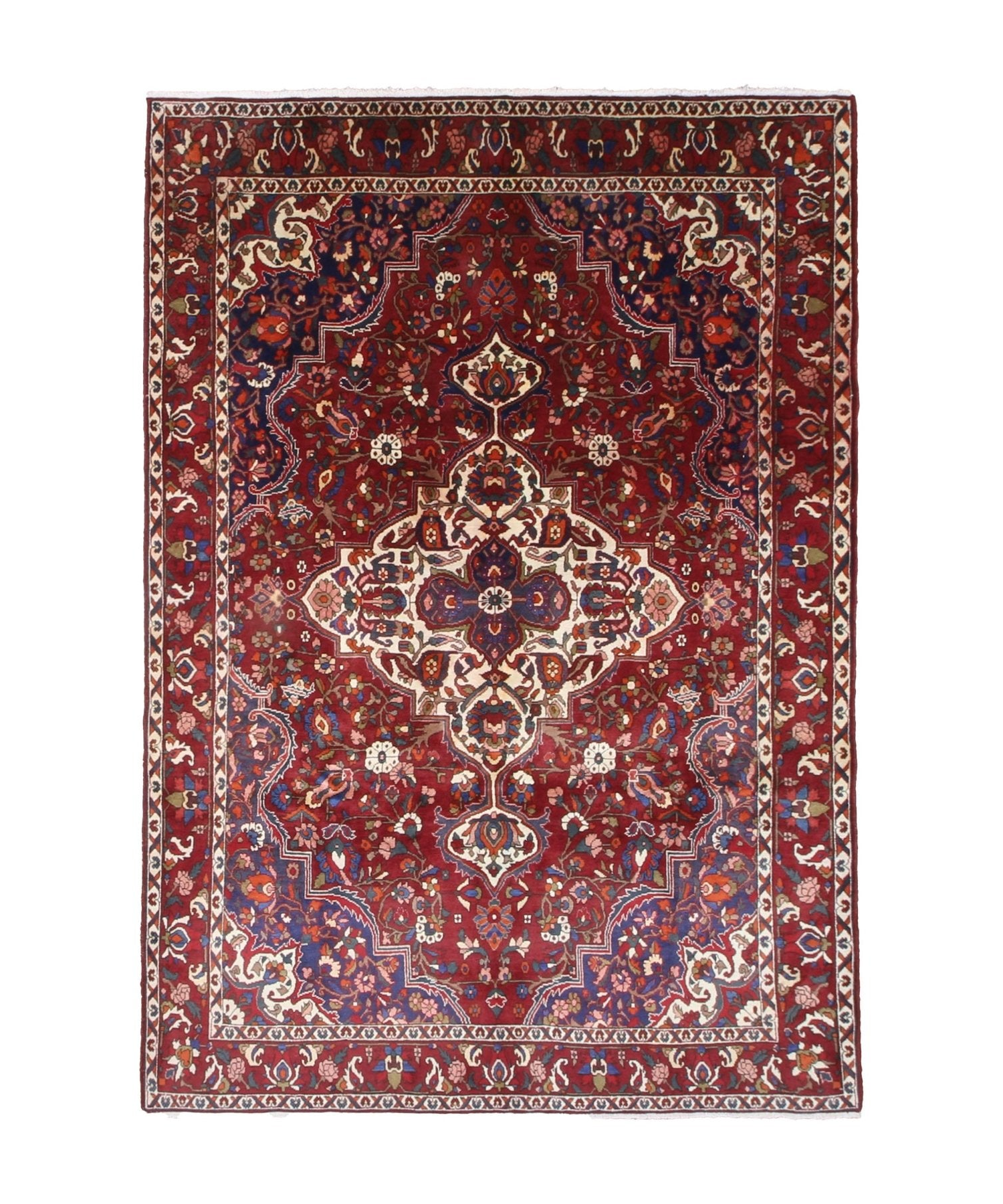 Vintage Saman Bakhtiari Rug, top view on white background, hand-knotted wool pile. SKU EE 1.1233.