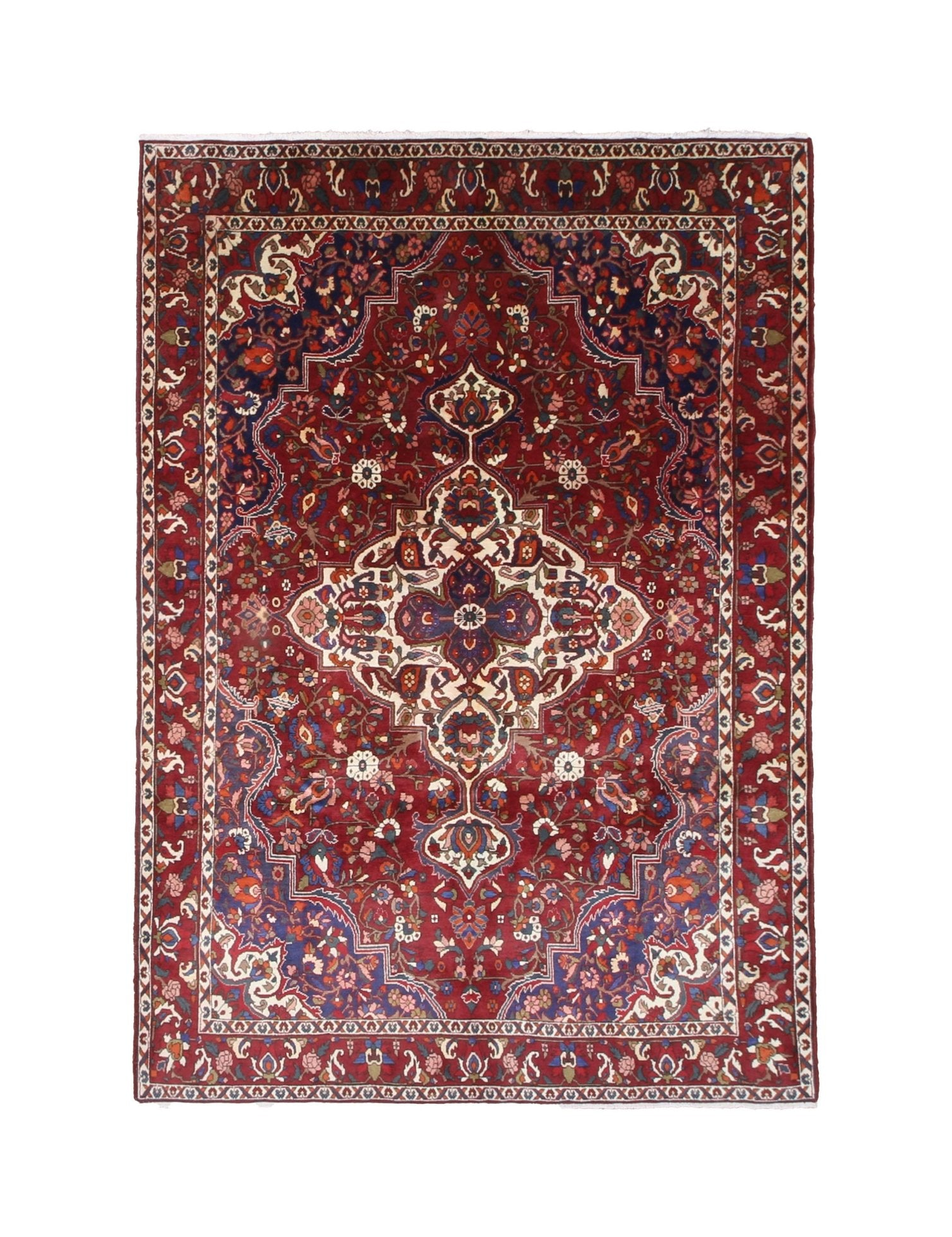 Vintage Saman Bakhtiari Rug, top view on white background, hand-knotted wool pile. SKU EE 1.1233.