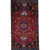 Persian Hamadan Rug, top view on white background, hand-knotted wool with red colouring. SKU RR 33017.