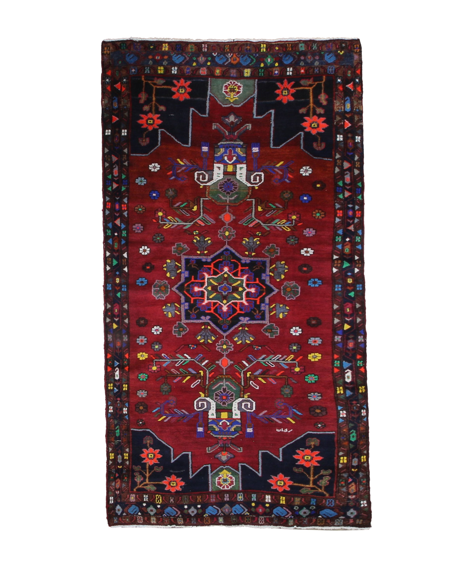 Persian Hamadan Rug, top view on white background, hand-knotted wool with red colouring. SKU RR 33017.