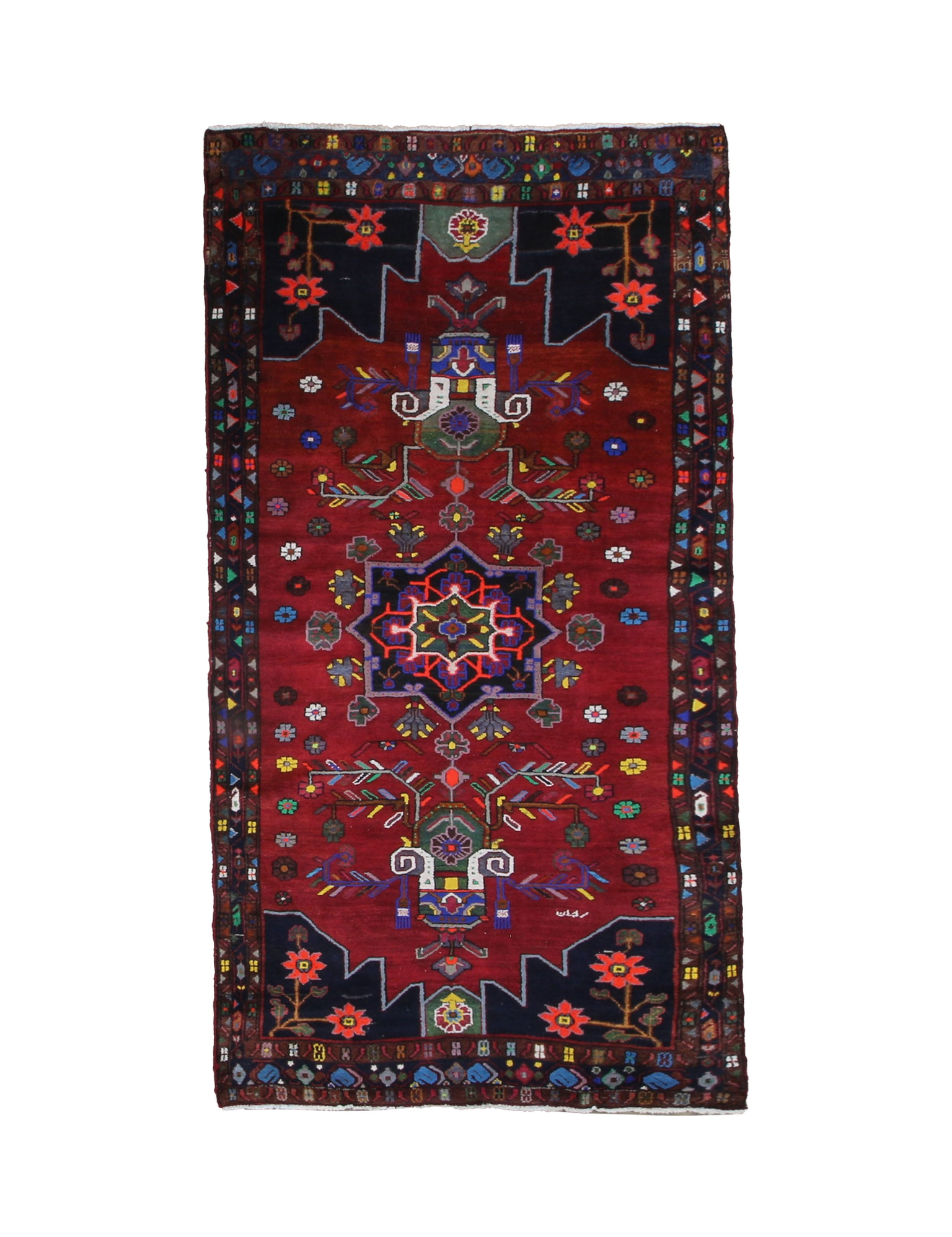 Persian Hamadan Rug, top view on white background, hand-knotted wool with red colouring. SKU RR 33017.