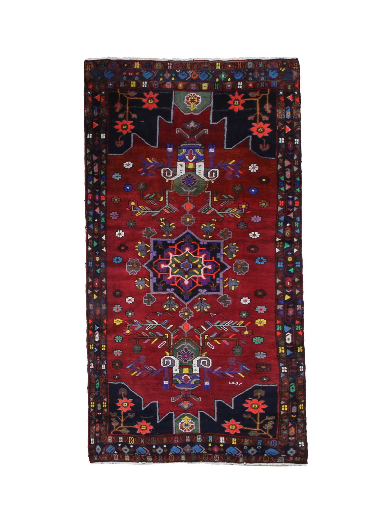 Persian Hamadan Rug, top view on white background, hand-knotted wool with red colouring. SKU RR 33017.