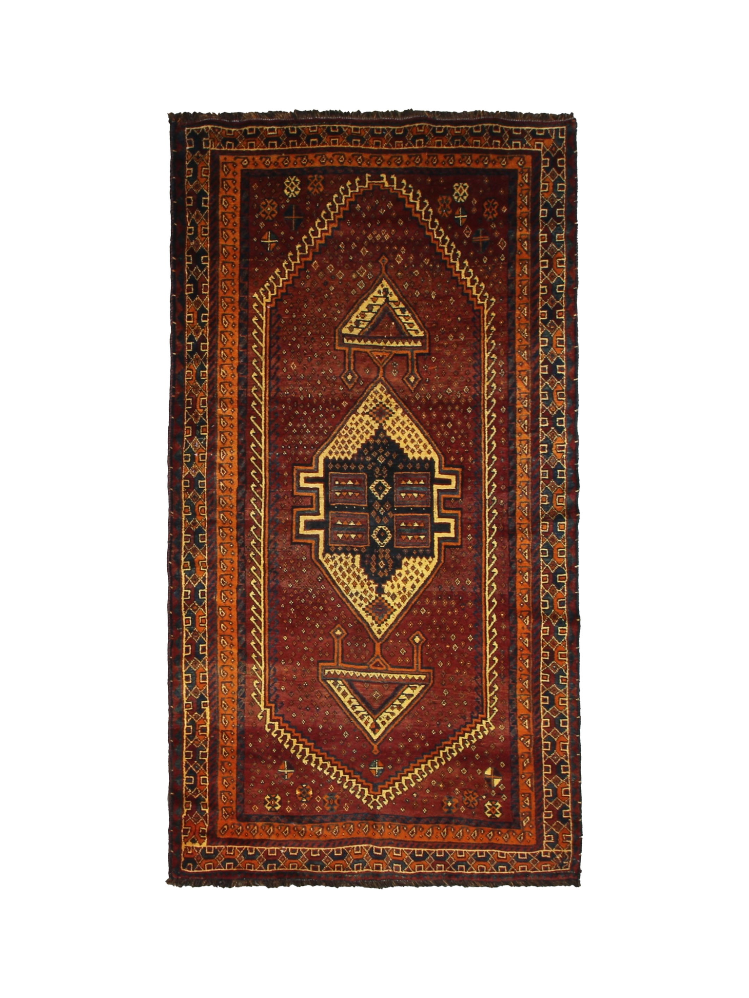 Persian Fars Luri Rug, top view on white background, hand-knotted wool with red colouring. SKU RR 32531.