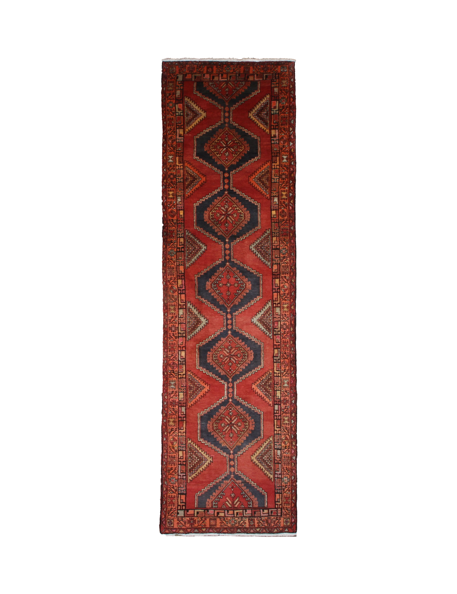 Vintage Sarab Runner, top view on white background, hand-knotted wool pile. SKU RR 32321.