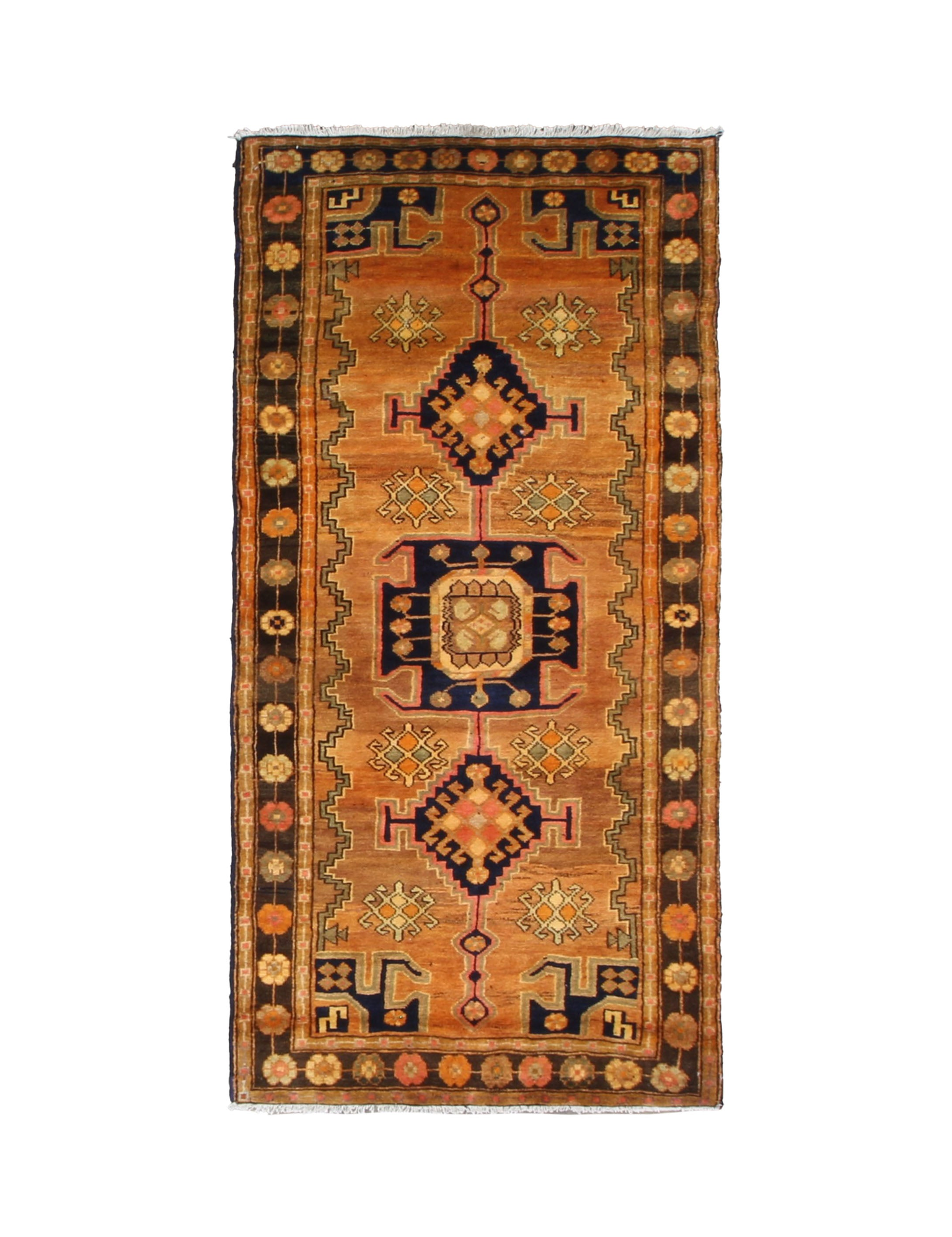 Persian Luri Rug, top view on white background, hand-knotted wool with orange colouring. SKU RR 32364.