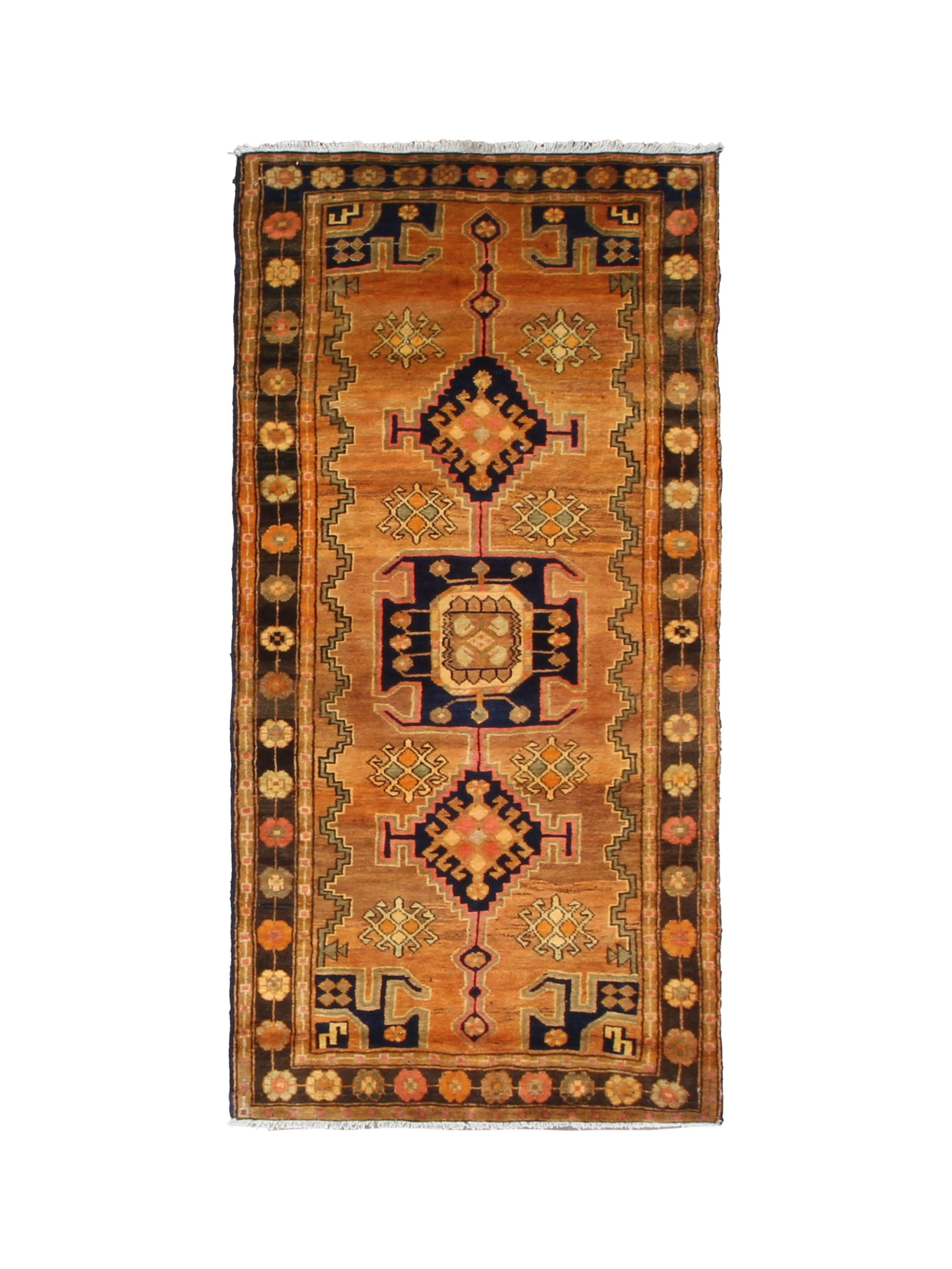 Persian Luri Rug, top view on white background, hand-knotted wool with orange colouring. SKU RR 32364.