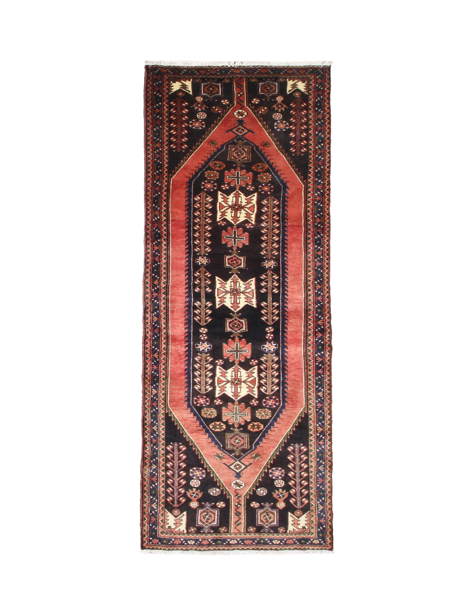 Persian Saveh Runner, top view on white background, hand-knotted wool with red colouring. SKU RR 32282.