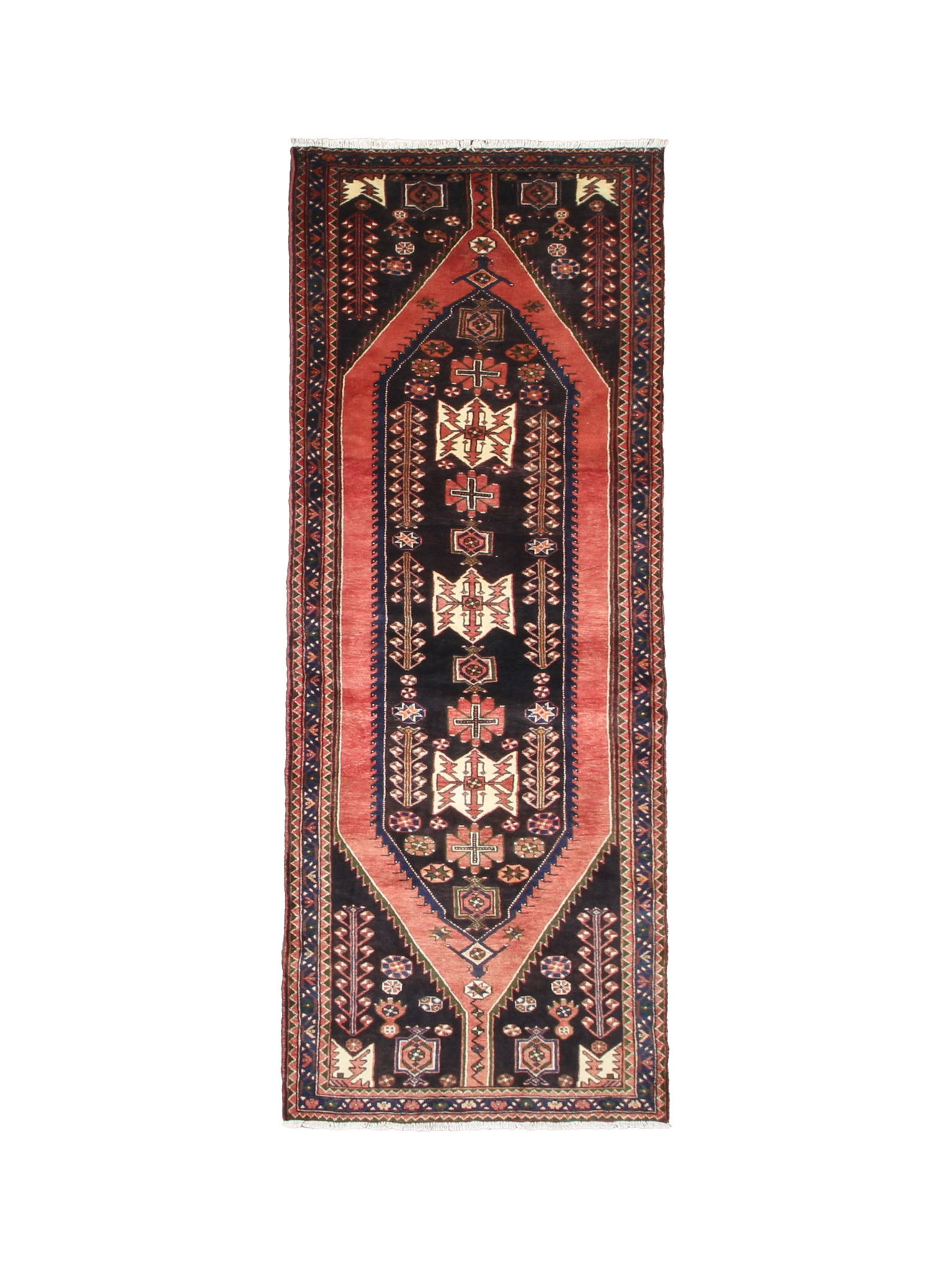 Persian Saveh Runner, top view on white background, hand-knotted wool with red colouring. SKU RR 32282.