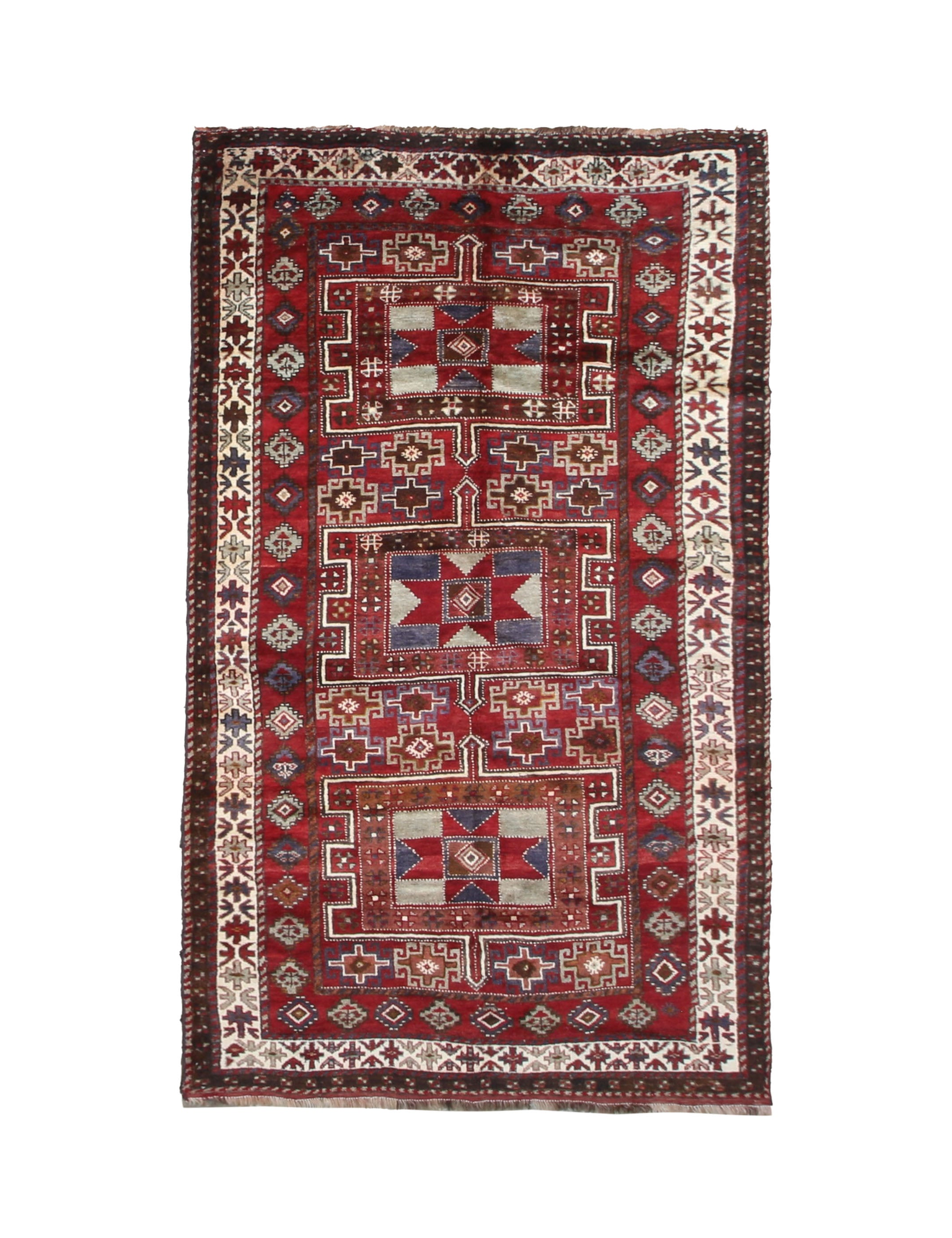 Persian Quchan Kurdish Rug, top view on white background, hand-knotted wool with red colouring. SKU 30811.