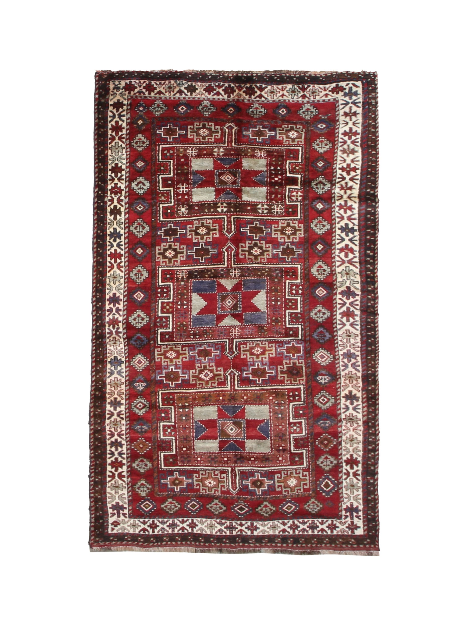 Persian Quchan Kurdish Rug, top view on white background, hand-knotted wool with red colouring. SKU 30811.