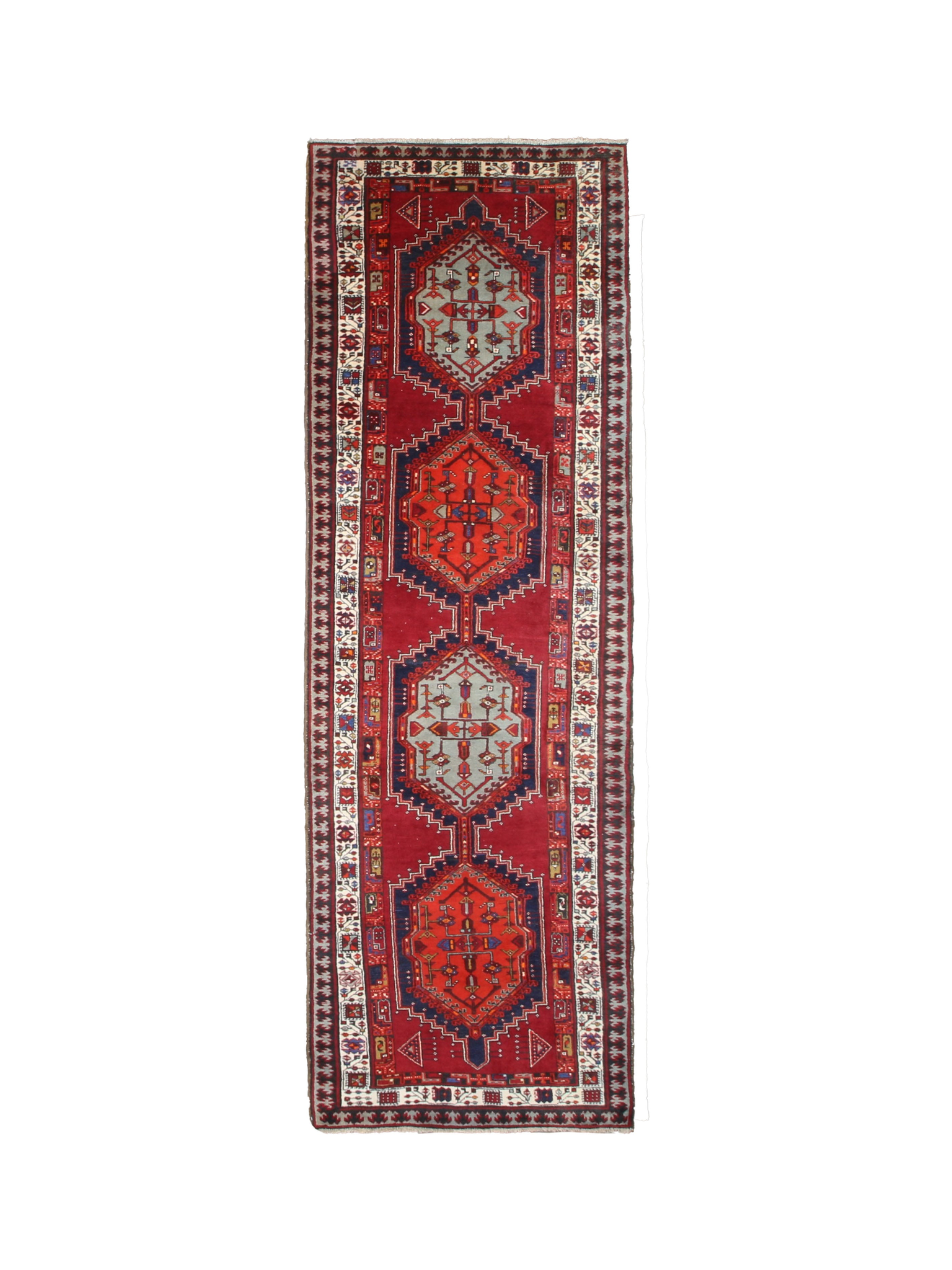Persian Sarab Runner, top view on white background, hand-knotted wool with red colouring. SKU RR 30685.