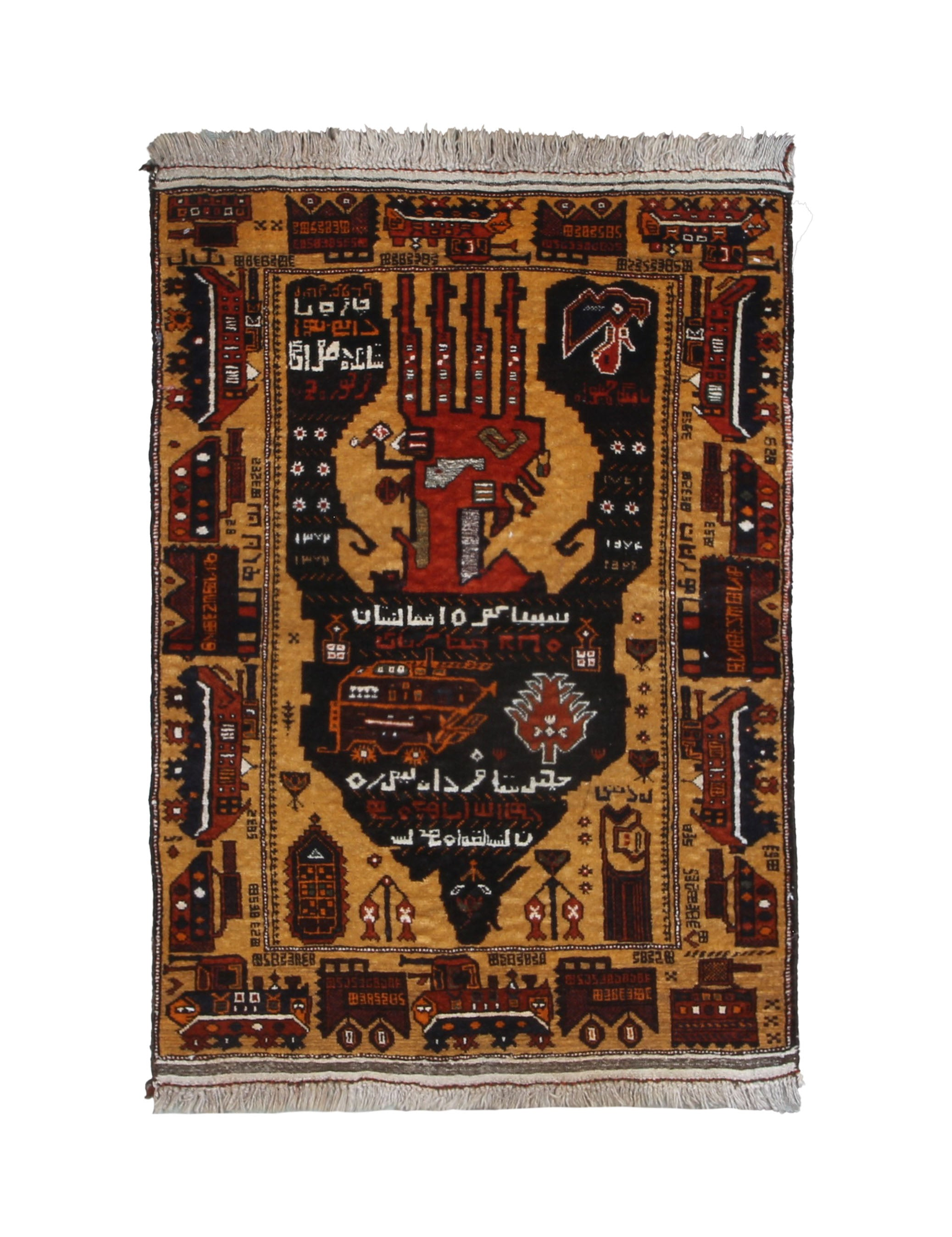 Afghan War Rug, top view on white background, hand-knotted wool with brown colouring. SKU RR 30294.