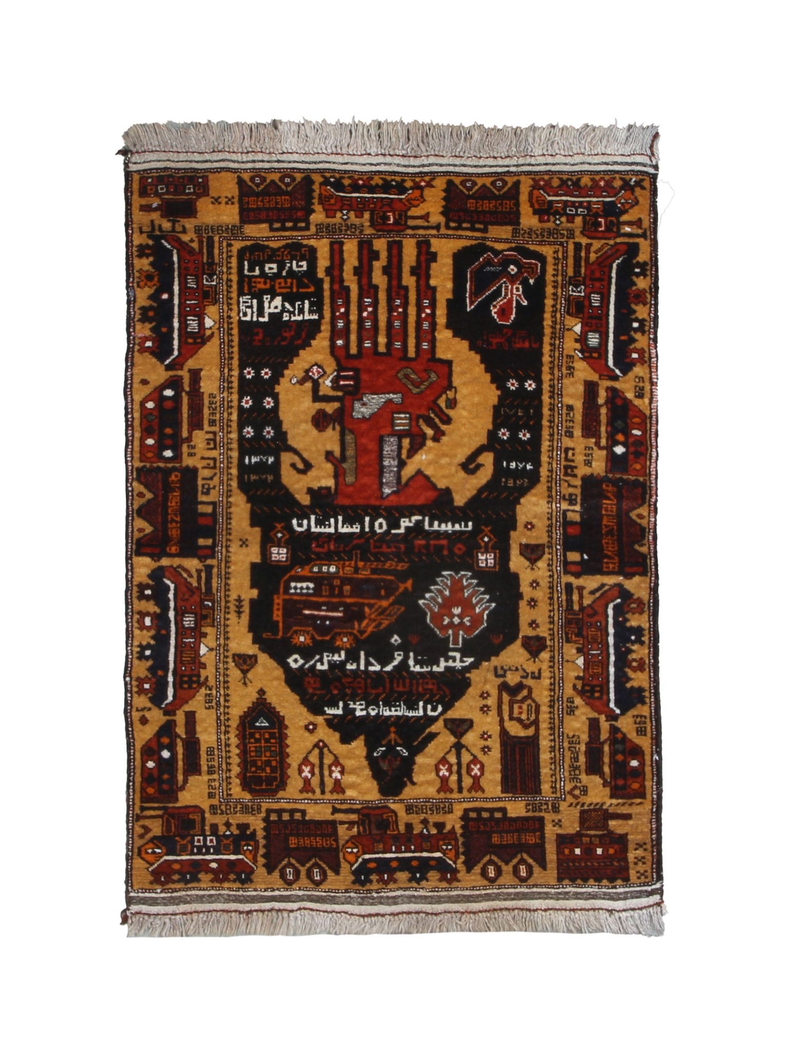 Afghan War Rug, top view on white background, hand-knotted wool with brown colouring. SKU RR 30294.