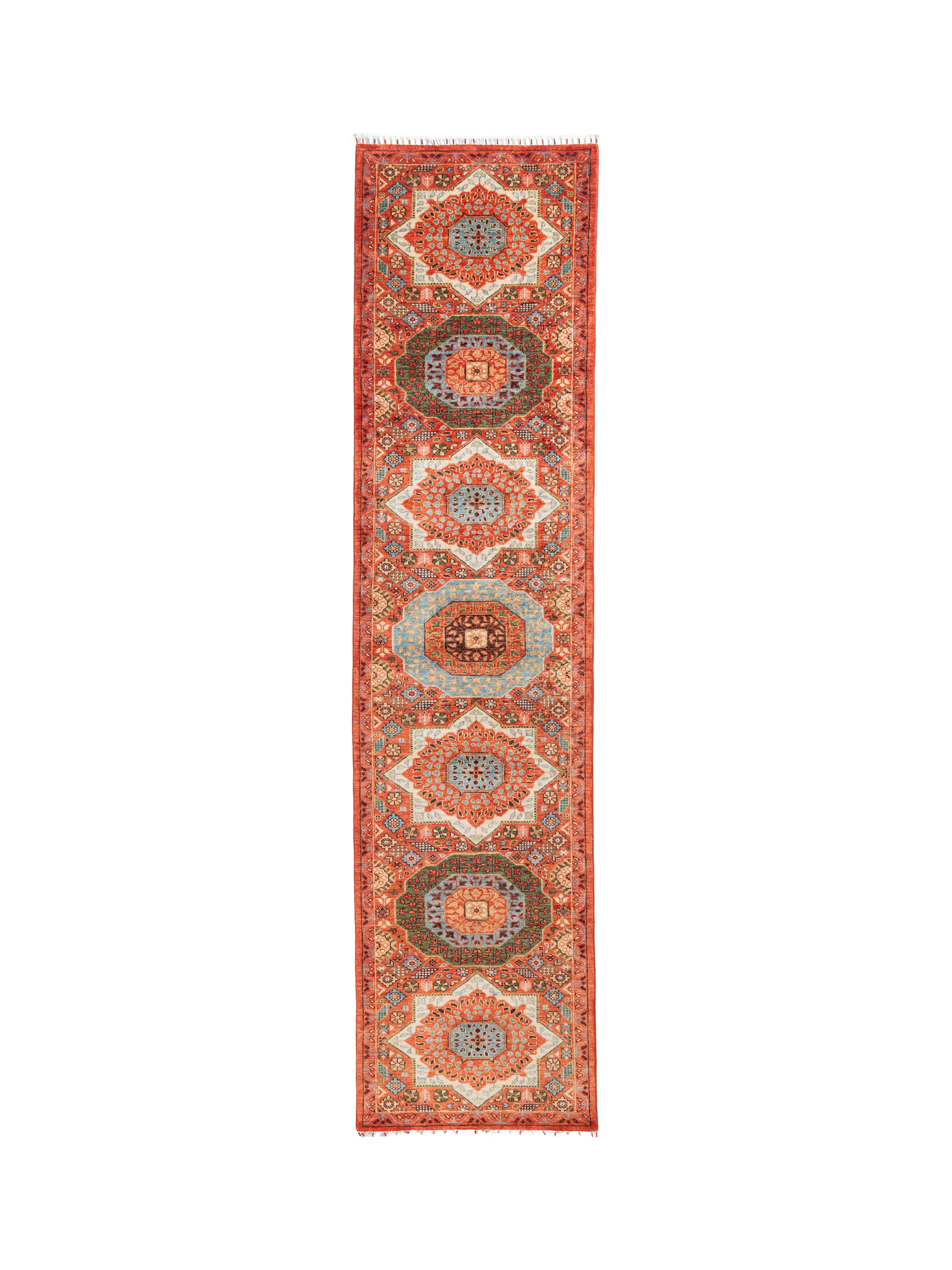 Afghan Mamluk Runner in rust and turquoise — full rug view