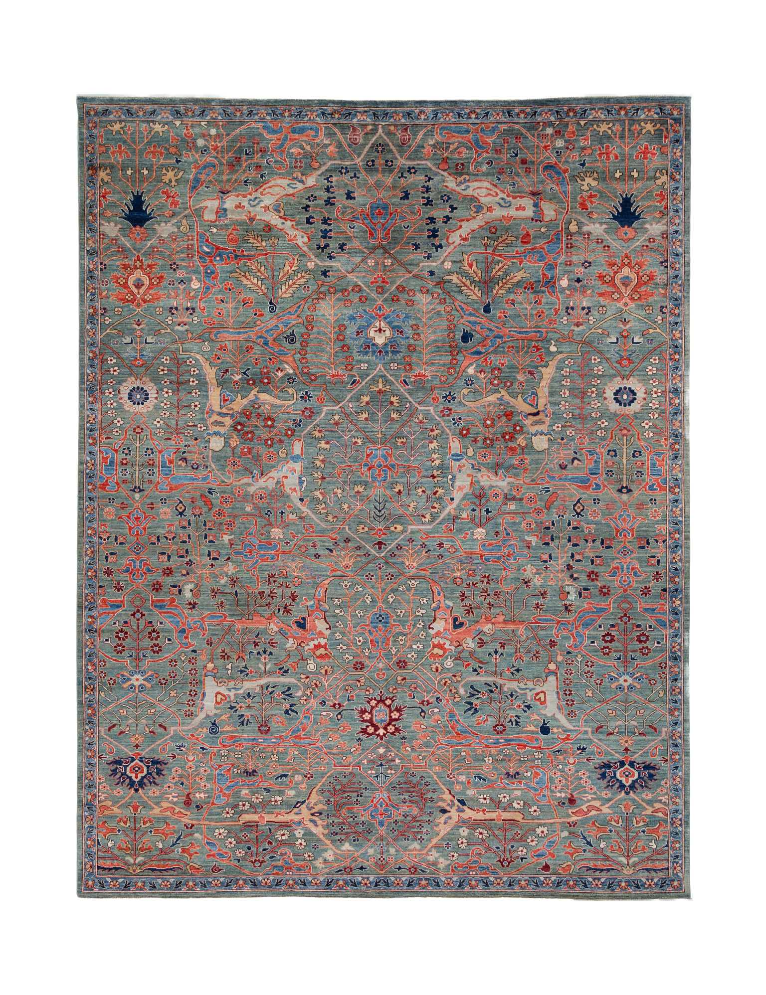 Afghan Chobbi Rug in muted green, rust and navy — full rug view