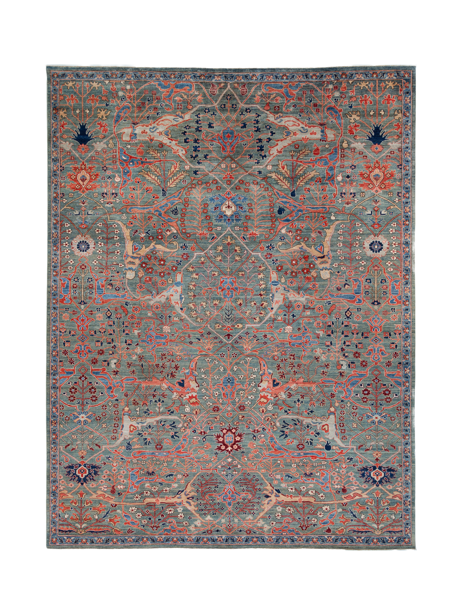 Afghan Chobbi Rug in muted green, rust and navy — full rug view