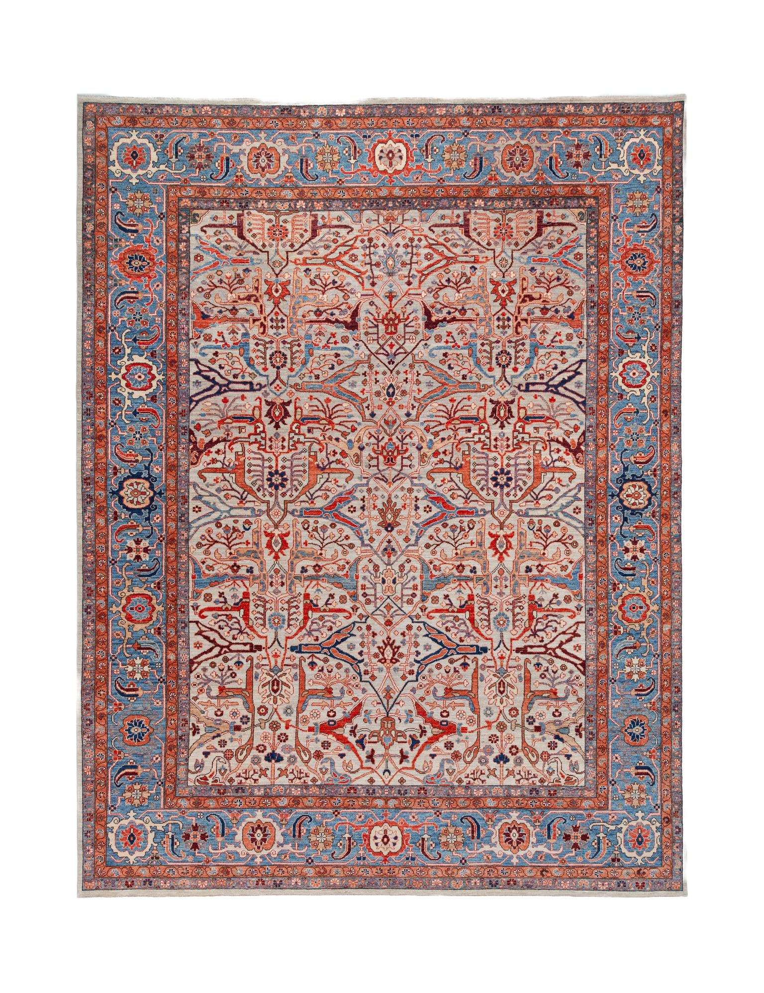 Afghan Chobbi Rug in cream, rust and blue — full rug view