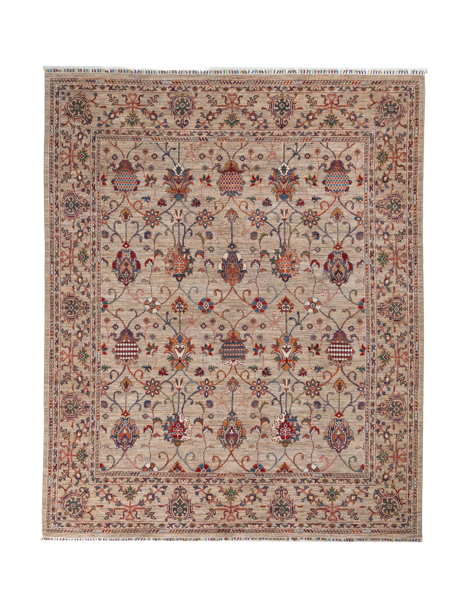 Afghan Sultani Rug in beige and burgundy — full rug view