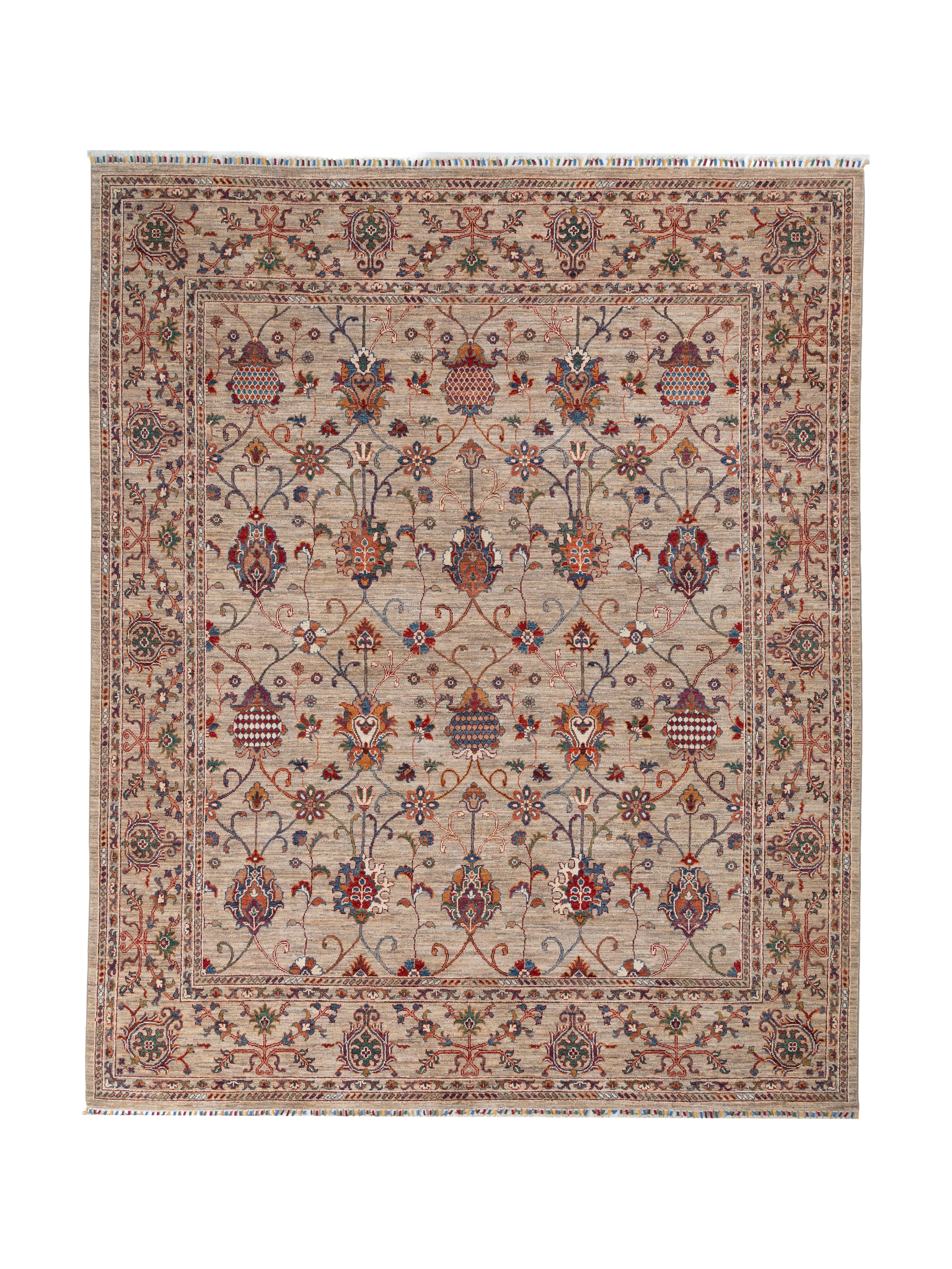 Afghan Sultani Rug in beige and burgundy — full rug view