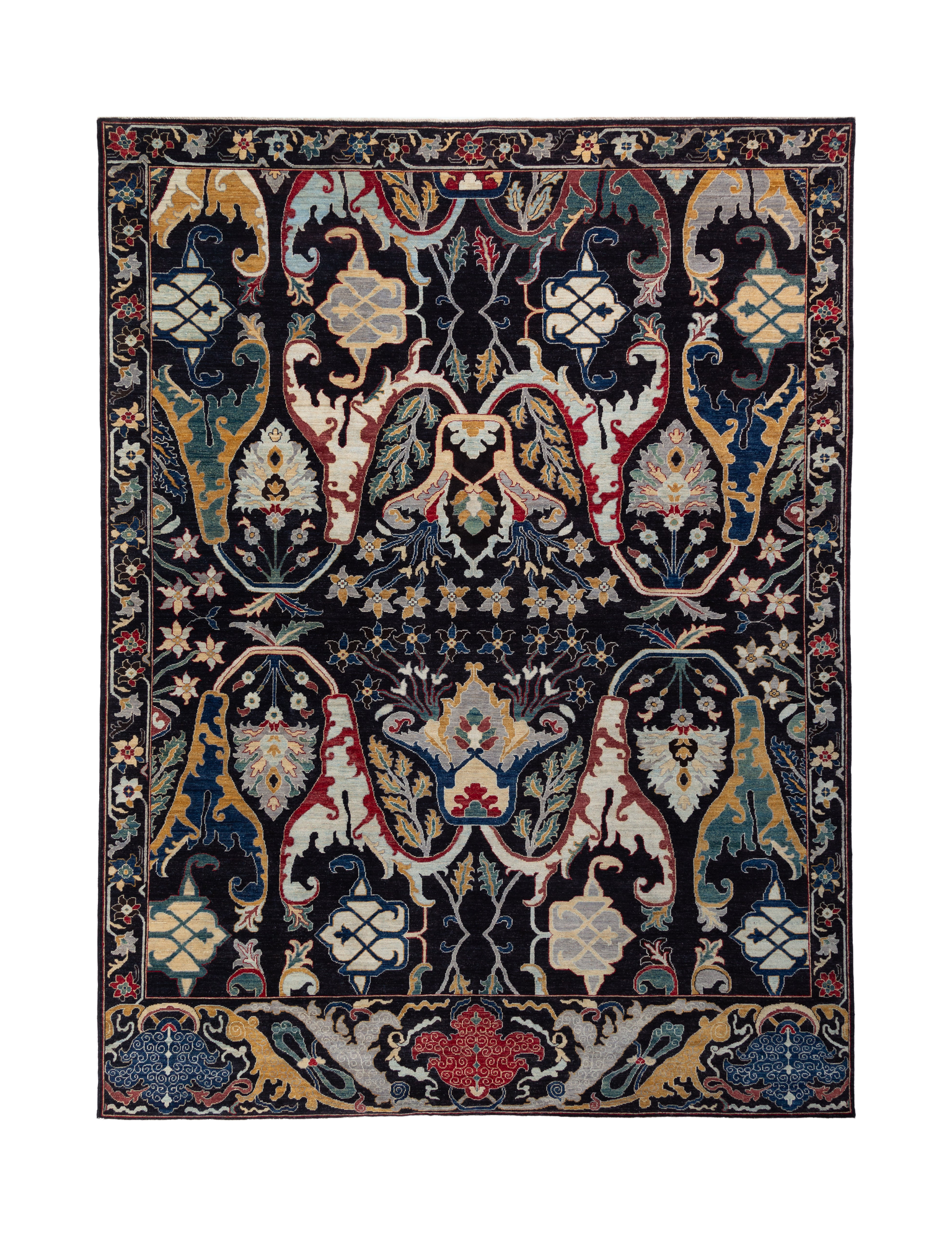 Afghan Chobbi Rug in black, ivory and blue — full rug view