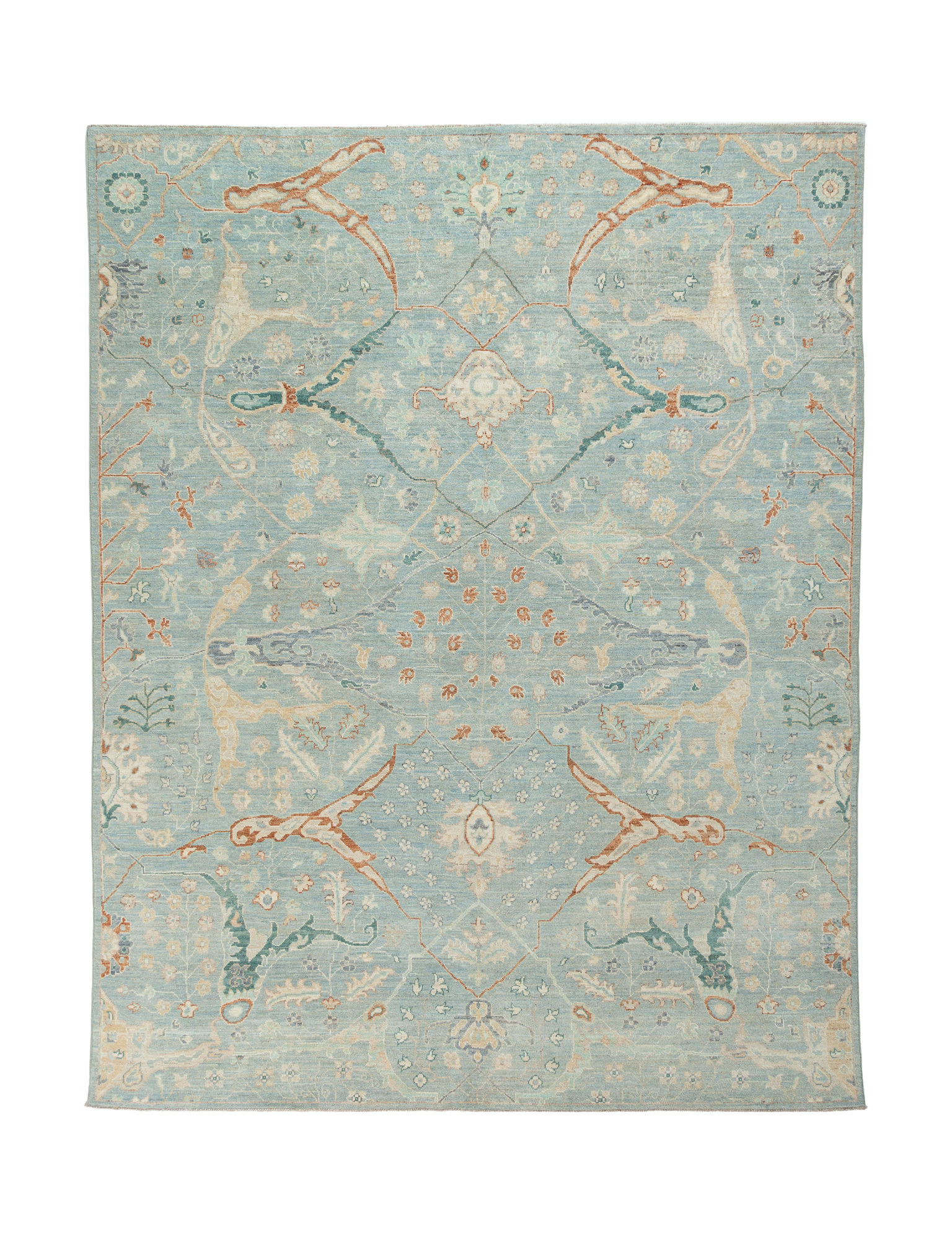 Afghan Chobbi Rug in pale blue and cream — full rug view