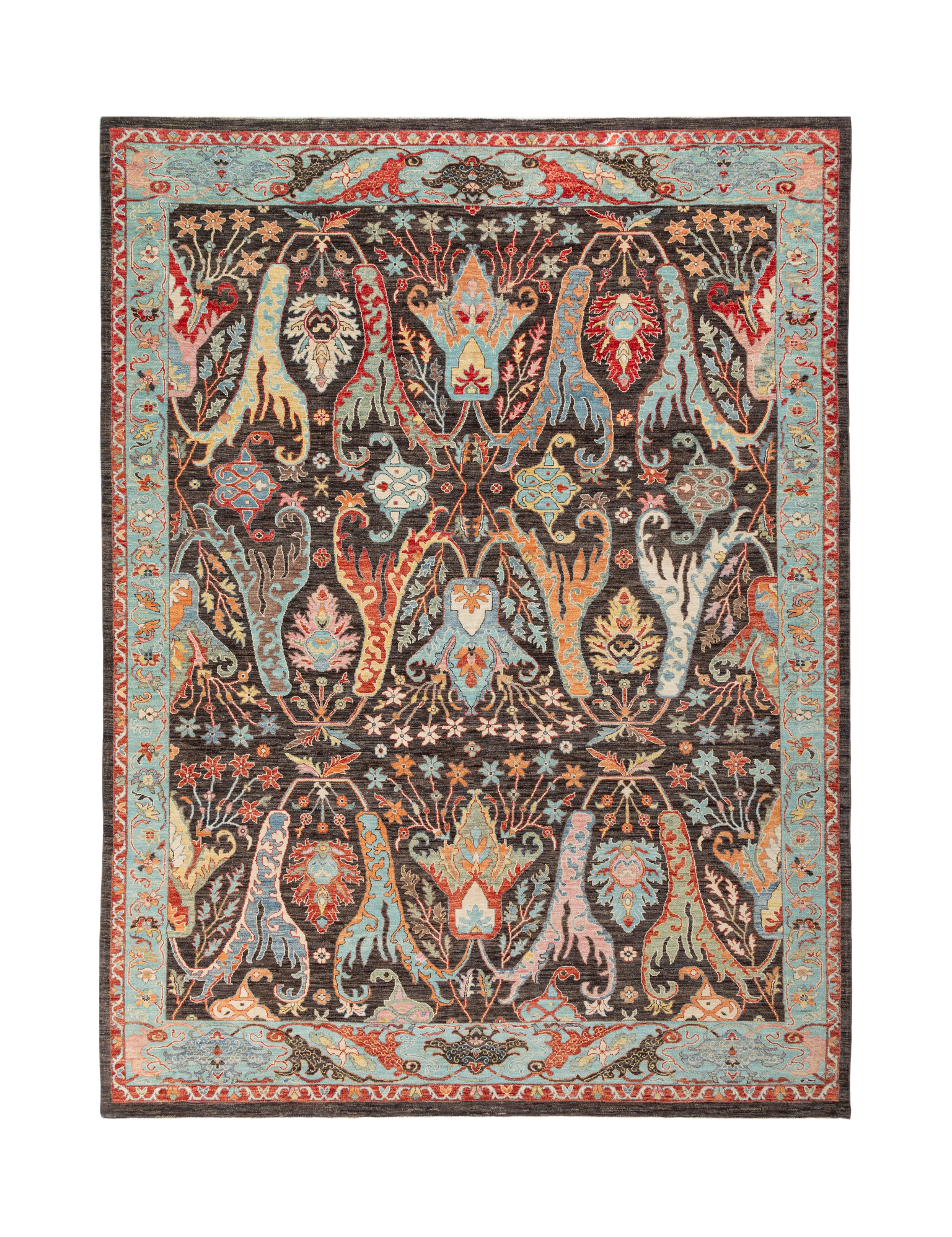 Afghan Chobbi Rug in charcoal, blue and rust — full rug view