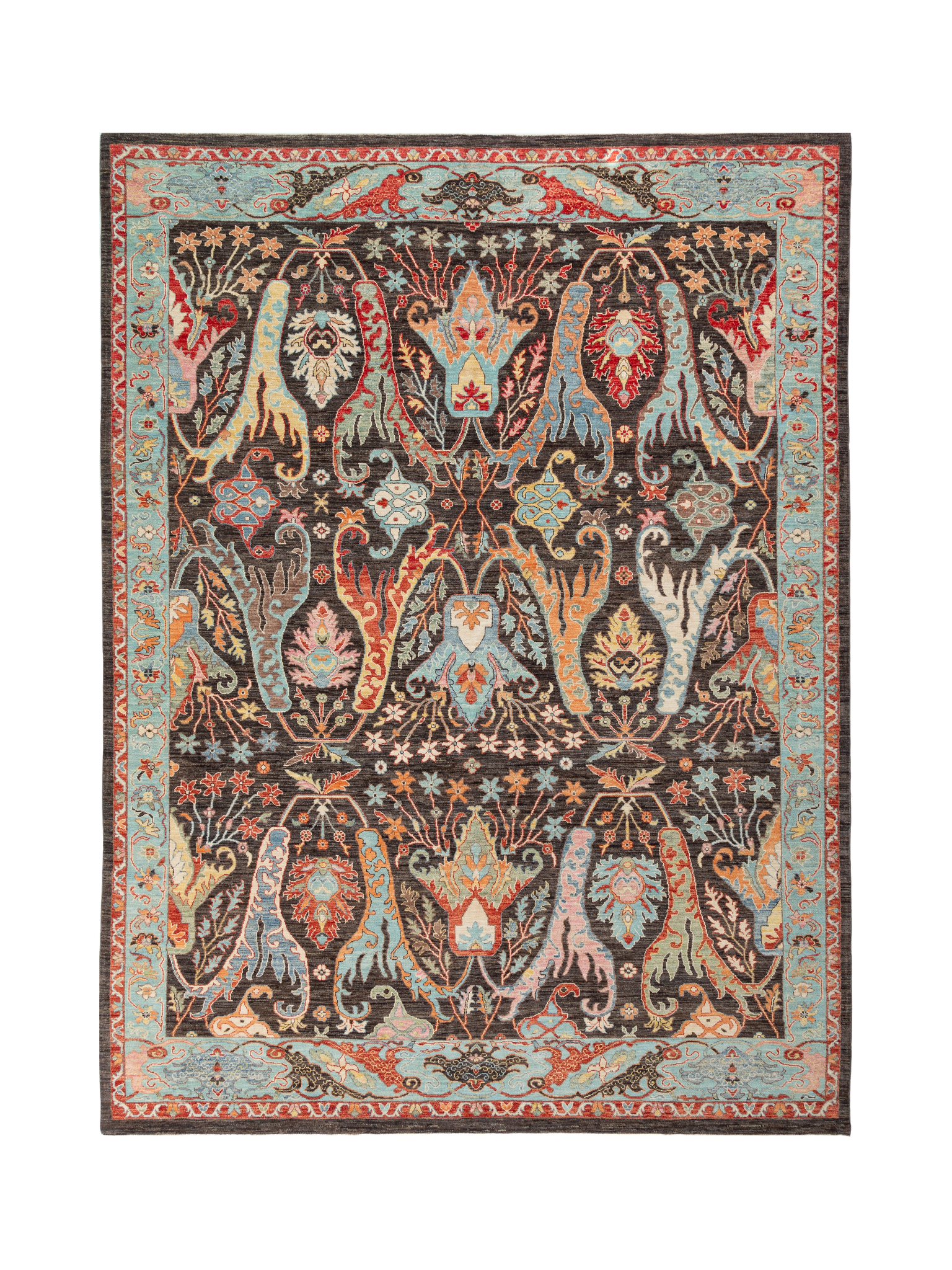 Afghan Chobbi Rug in charcoal, blue and rust — full rug view