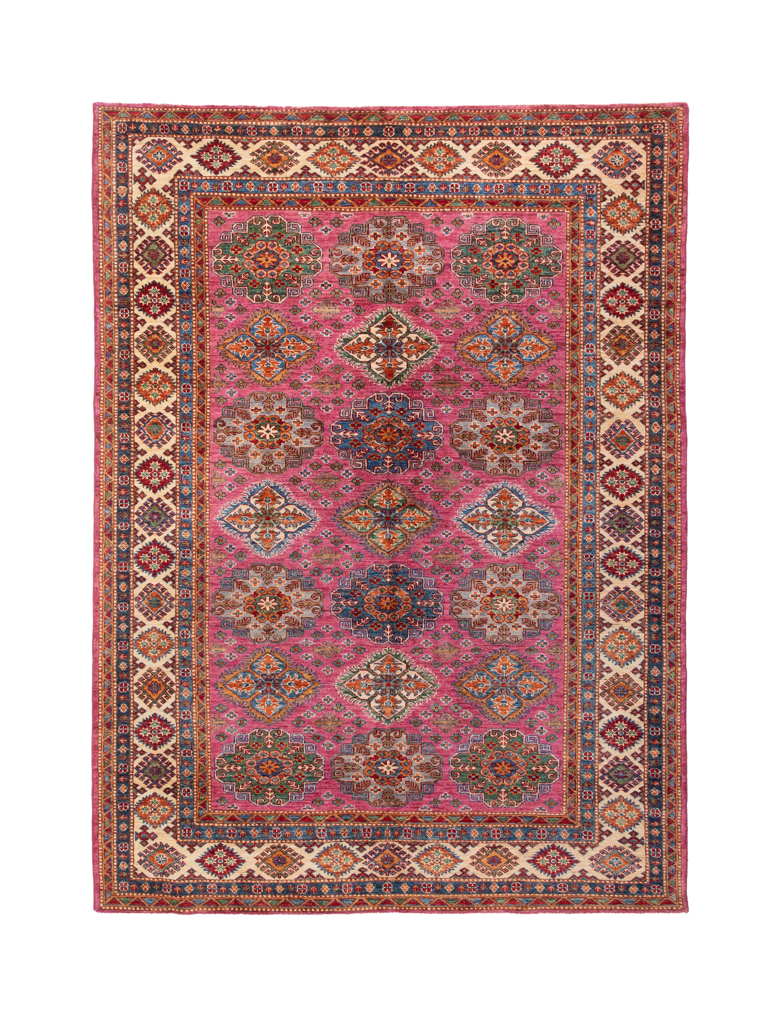 Afghan Super Kazak Rug in rose, navy and gold — full rug view