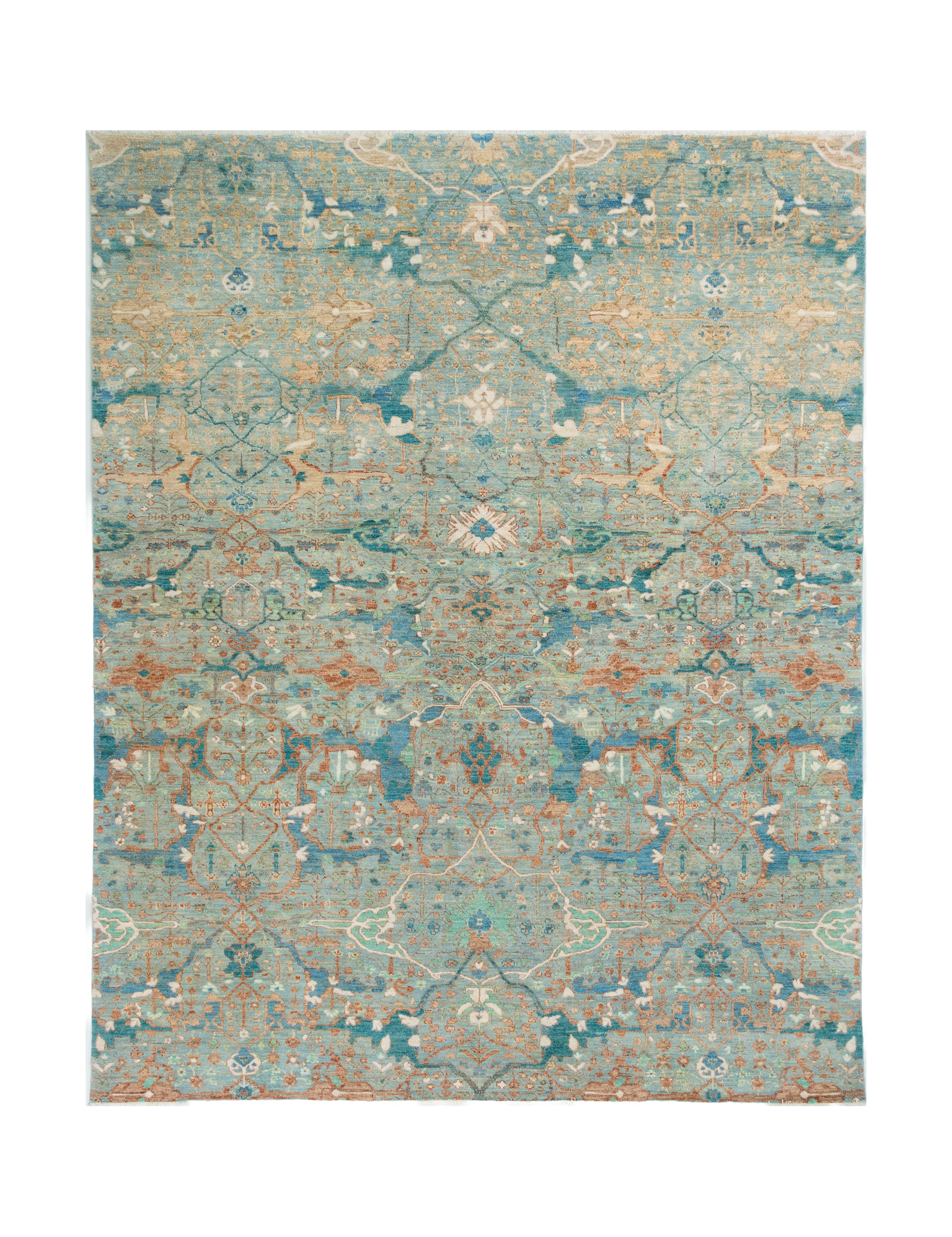 Chobbi Rug in pale turquoise and sand — full rug view