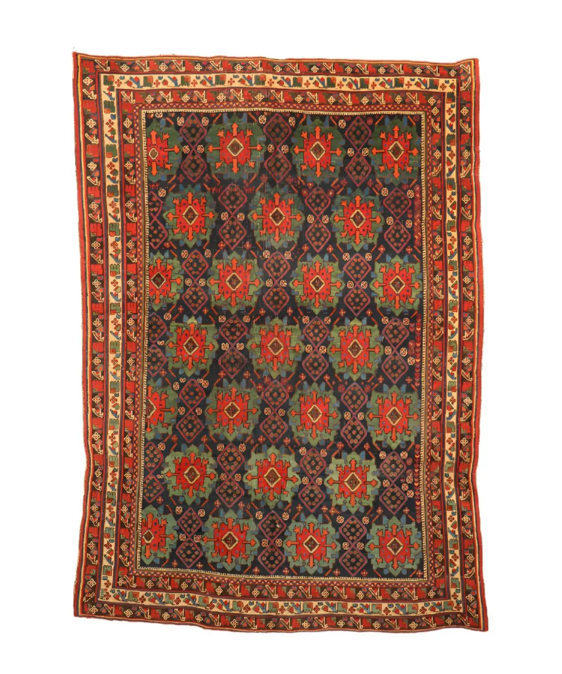Antique Afshar rug flat view: dark blue, red and green diamond motifs with cream border
