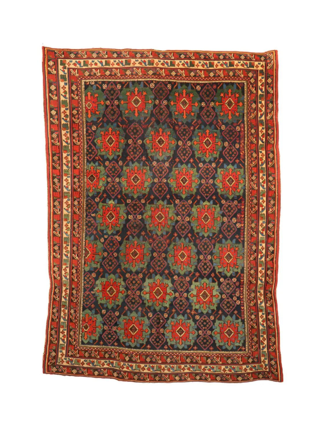 Antique Afshar rug flat view: dark blue, red and green diamond motifs with cream border