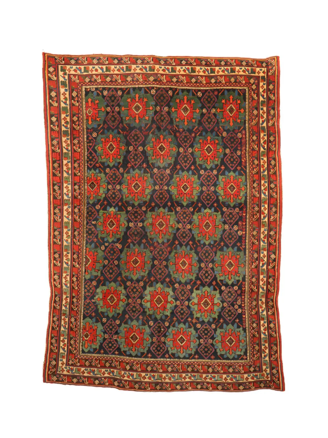 Antique Afshar rug flat view: dark blue, red and green diamond motifs with cream border