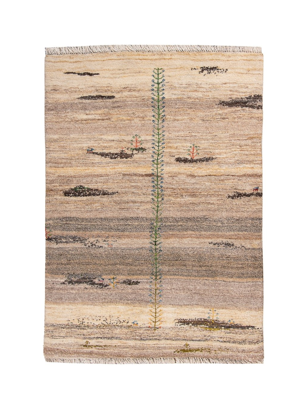 Persian Gabbeh rug on white: beige field with gray bands, tall green-blue center pattern, fringe
