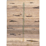 Persian Gabbeh rug on white: beige field with gray bands, tall green-blue center pattern, fringe